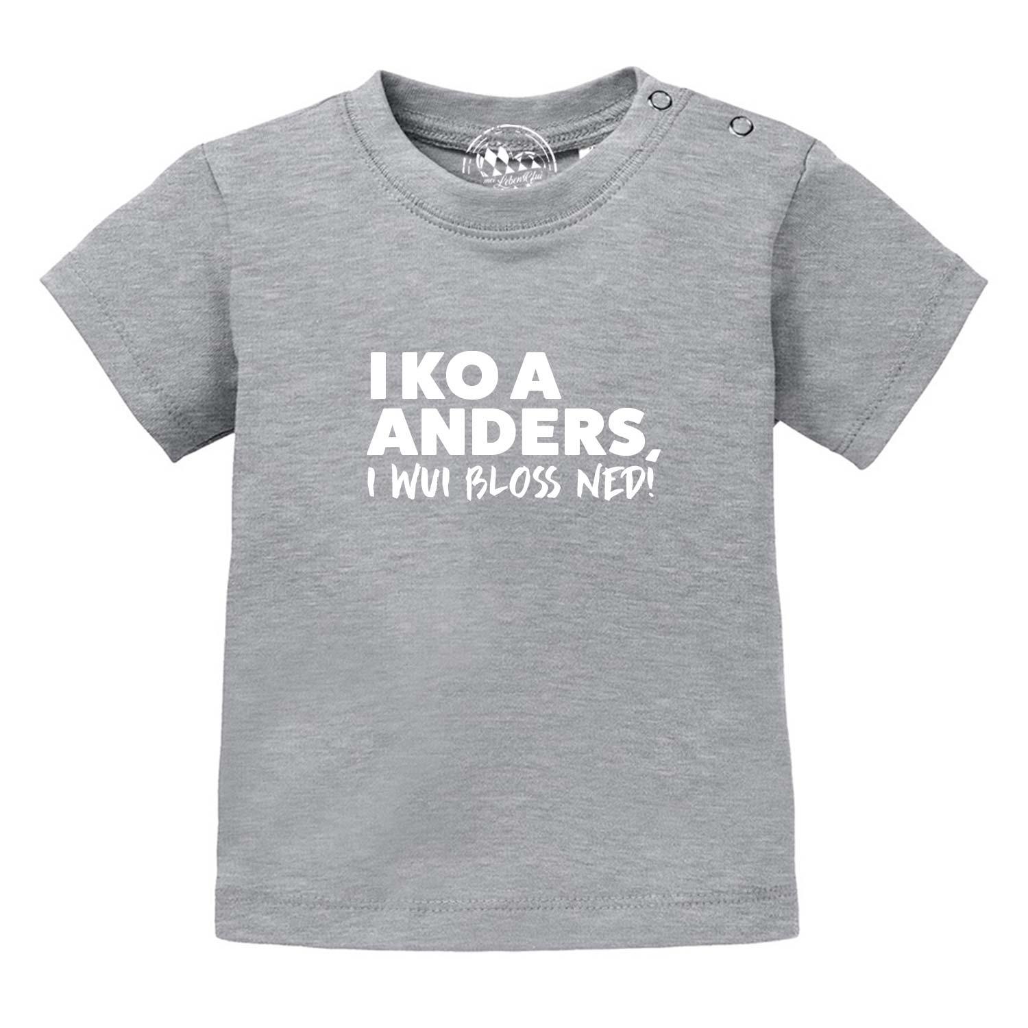 Graues Baby T-Shirt I wui bloß ned mit frechem weißen Spruch und Druckknöpfen an der Schulter.