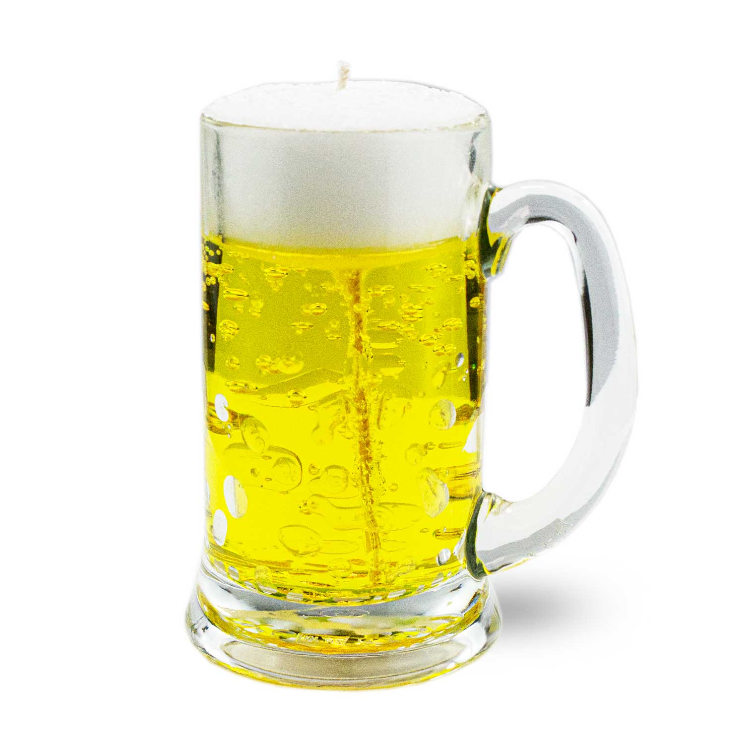 Kerze in Form eines Bierkrugs mit realistisch wirkender Schaumkrone und Blasen im durchsichtigen Glas, ca. 12,5 cm hoch.