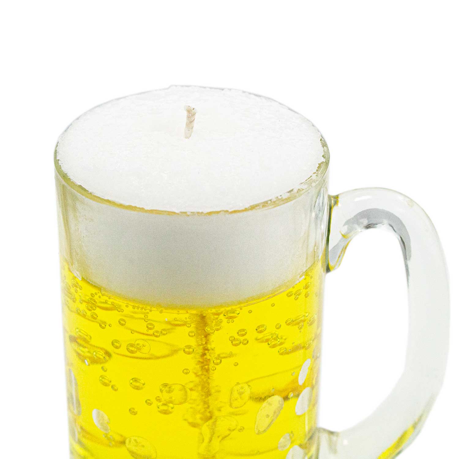 Kerze in Bierglas-Optik mit realistisch wirkender Schaumkrone und Luftblasen, ca. 12,5 cm hoch.