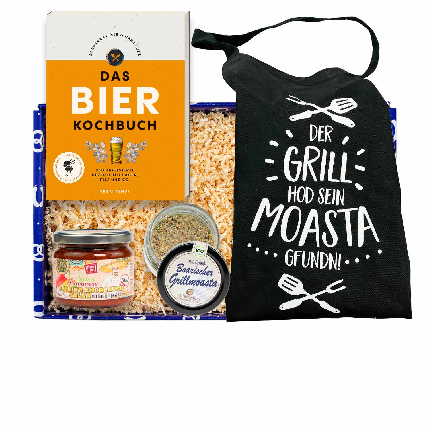 Gewürz-Rub im Schraubglas, pikante Salsa im Glas und Grillbuch mit bayrischem Motiv in rechteckiger Geschenkbox.