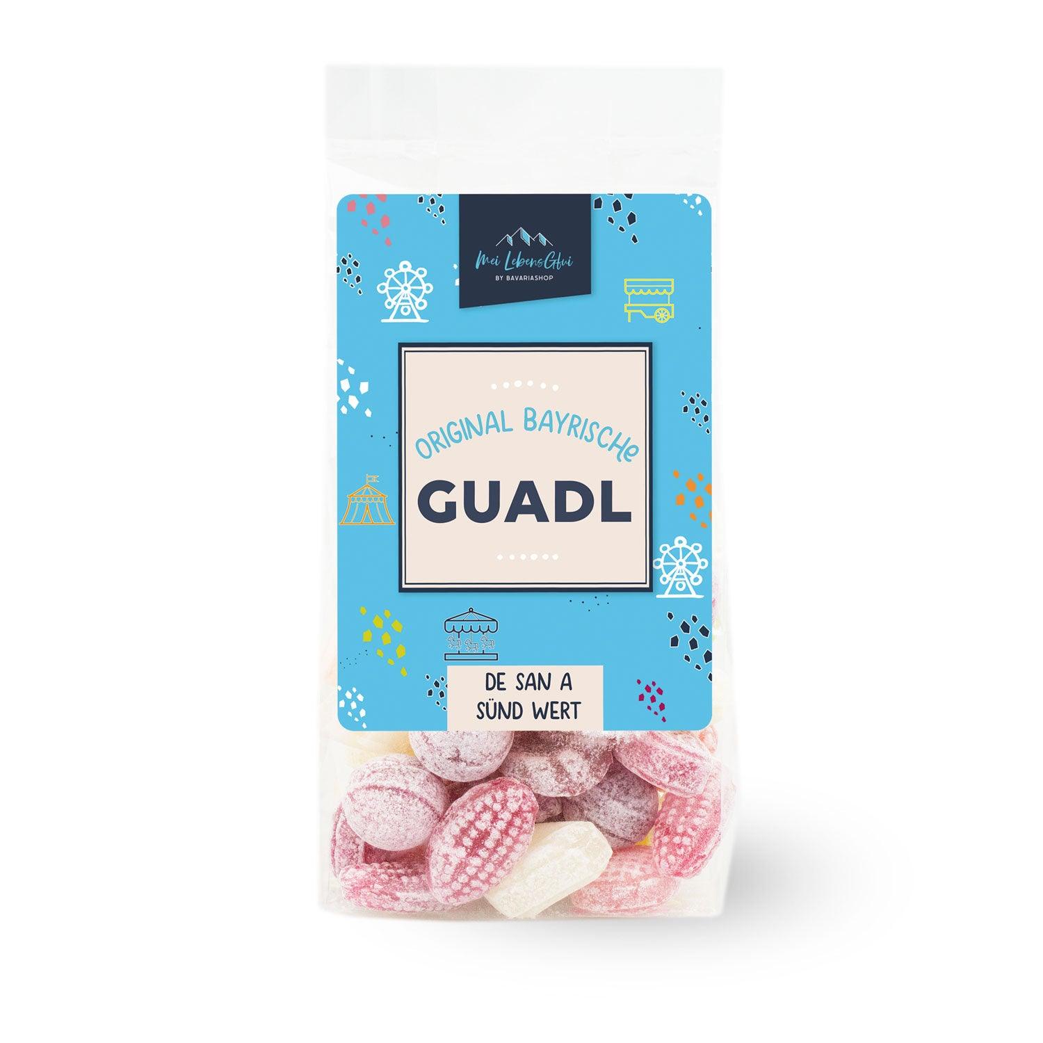 Bunte, teils transparente Fruchtbonbons in traditioneller Mischung mit verschiedenen Formen und Farben, 150 g.