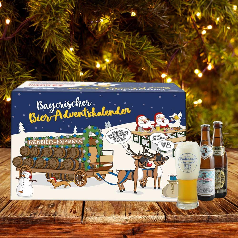 Festlicher Bayerischer Bier Adventskalender mit humorvollem "Renbier-Express"-Design und Bierglas.