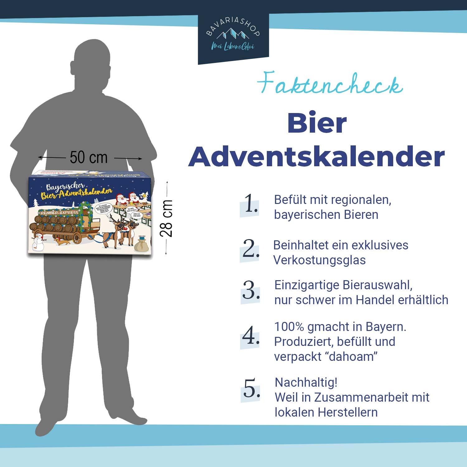 Größenvergleich für bayerischen Bier Adventskalender mit 50x28cm Maßen und Qualitäts-Fakten.