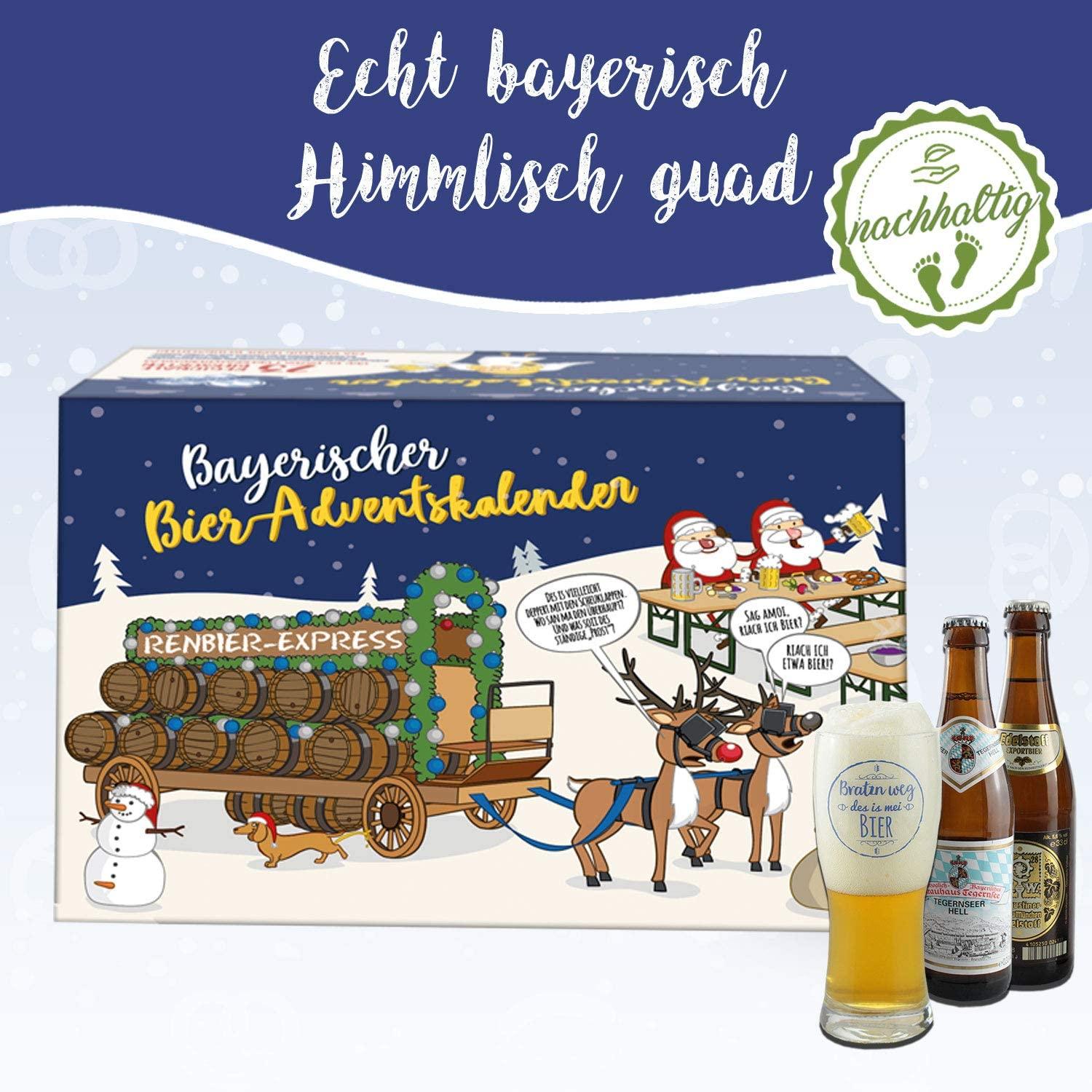 Bayerischer Bier Adventskalender mit Schneemann, Dackel, Rentieren und Weihnachtsmännern, daneben Bierglas und Flaschen