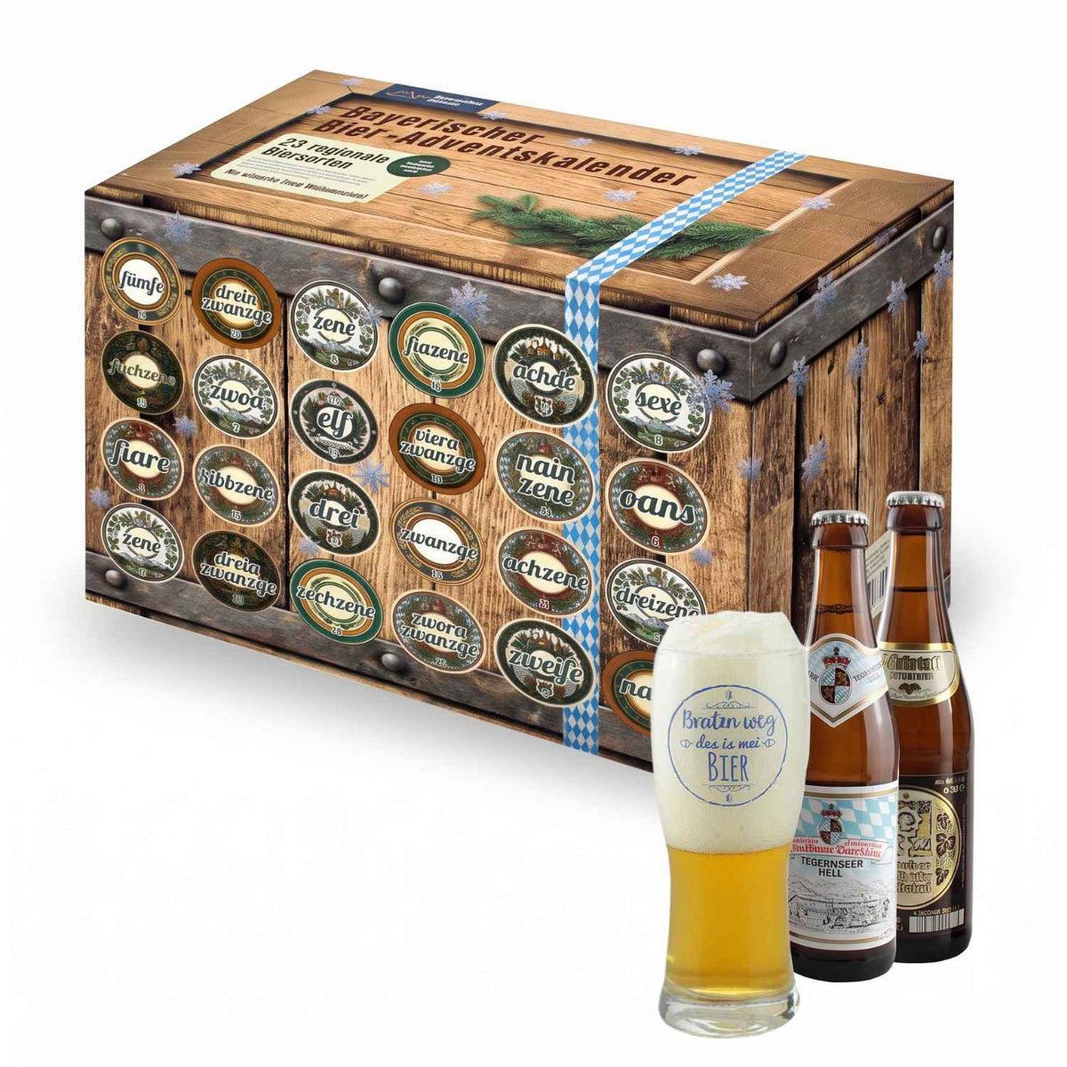 Bayerischer Bier Adventskalender in Holzoptik mit bayerischem Muster, gefülltem Bierglas und Flaschen.