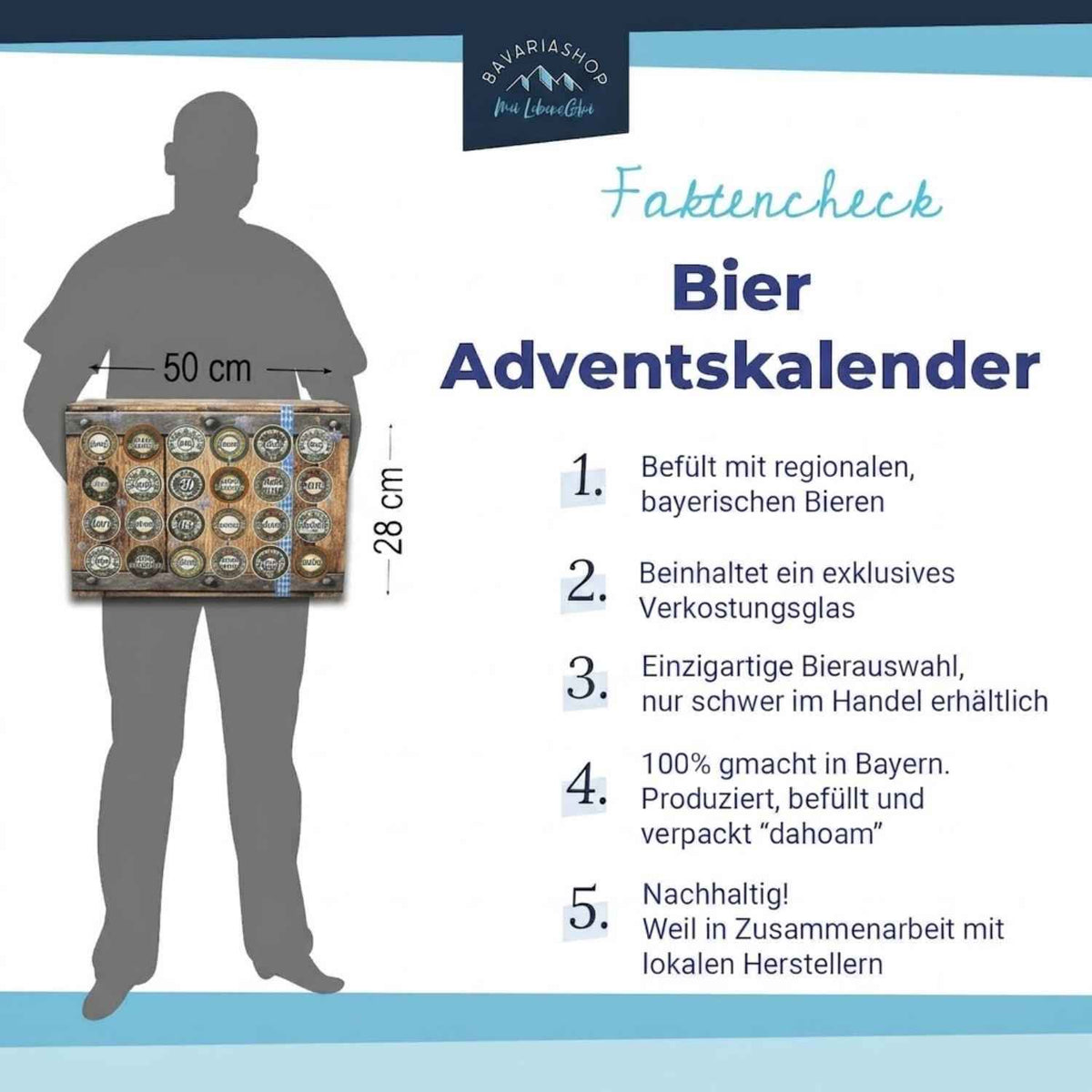 Holz Bier Adventskalender Adventskistl mit 24 Türchen (23 Biere + Verkostungsglas), ca. 50×28 cm, bayerische Brauvielfalt.