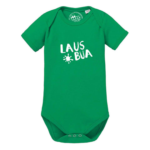 Grüner Baby Body Lausbua mit weißem Schriftzug und Spritzer, Kurzarm, weiche Baumwolle für Babys.