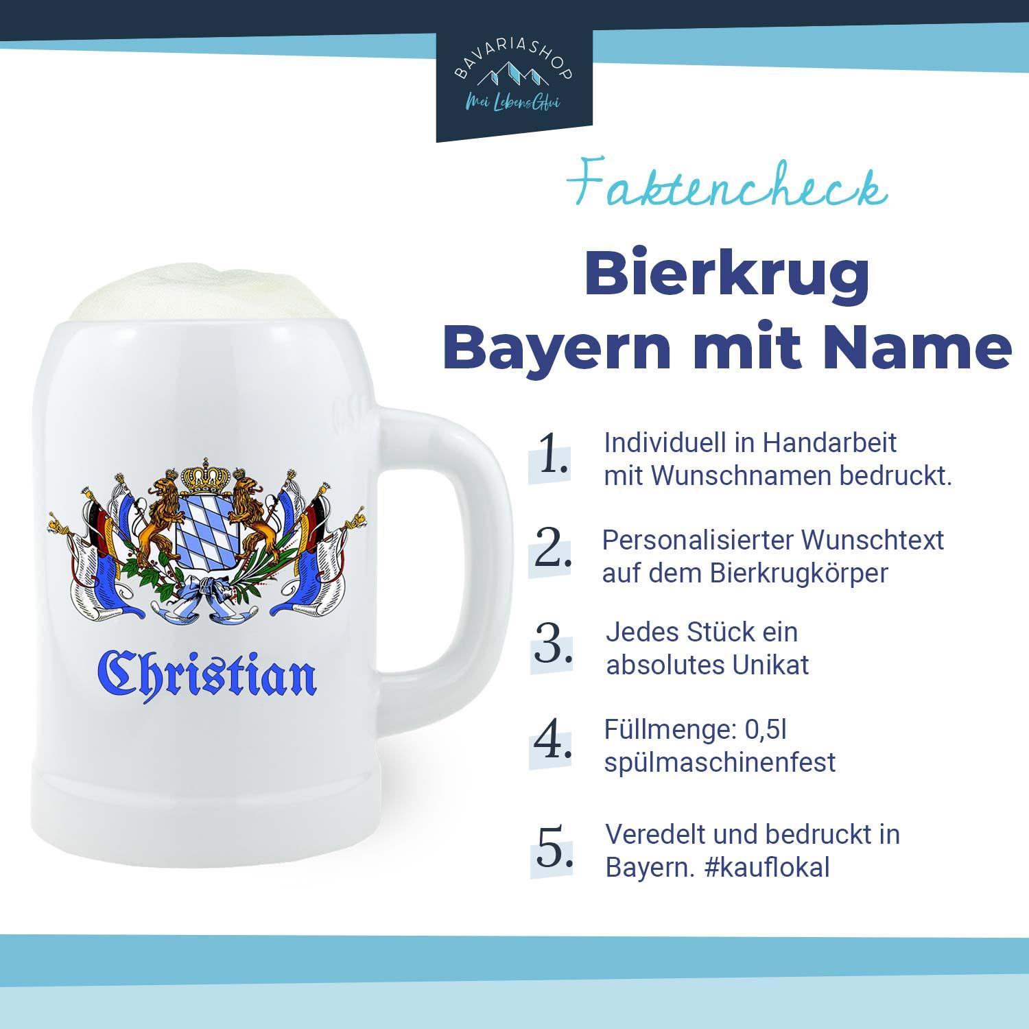 Hellgrauer Bierkrug aus Steingut mit blauem Bayernwappen und personalisierter Namensgravur, 0,5 Liter.