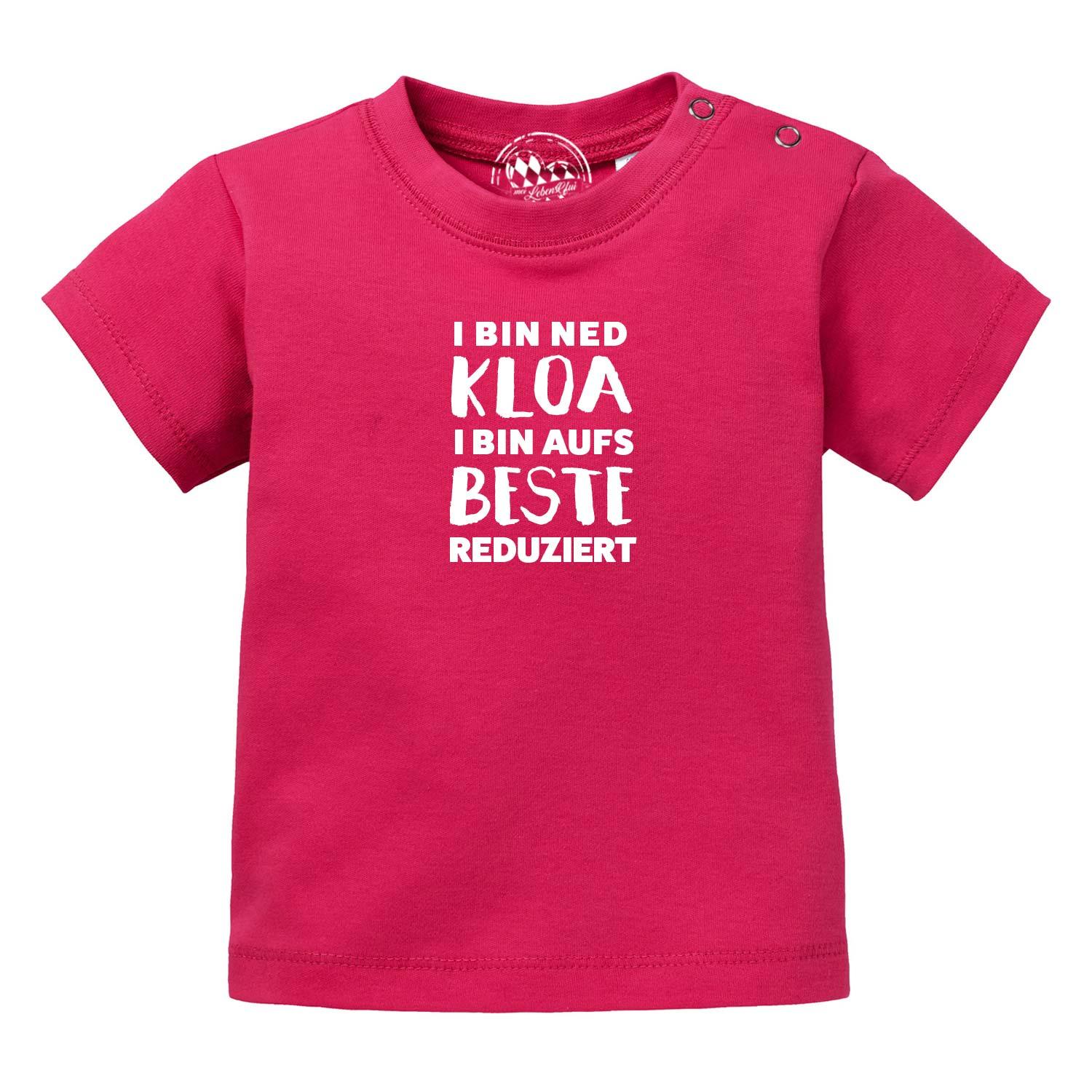 Pinkfarbenes Baby T-Shirt "aufs Beste reduziert" mit weißem Aufdruck und praktischen Druckknöpfen.