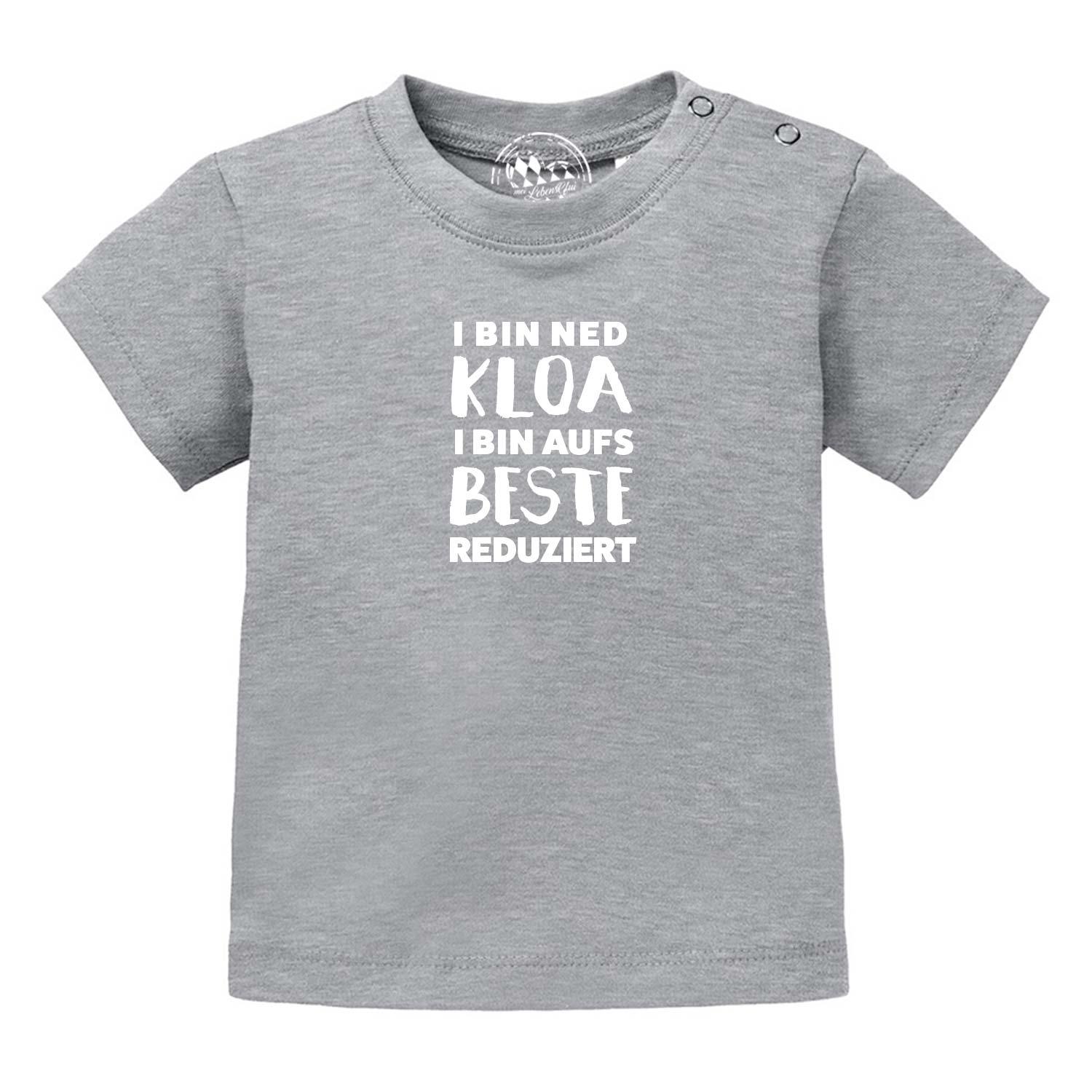 Graues Baby T-Shirt "aufs Beste reduziert" mit weißem bayerischen Spruch und Druckknöpfen an der Schulter.