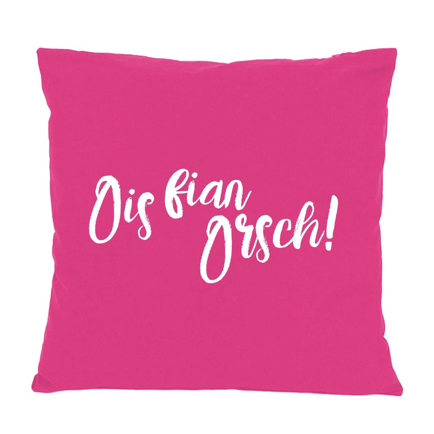 Quadratisches, fuchsiafarbenes Kissen Ois fian Orsch mit weißem Schriftzug und leicht zerknittertem Stoff.