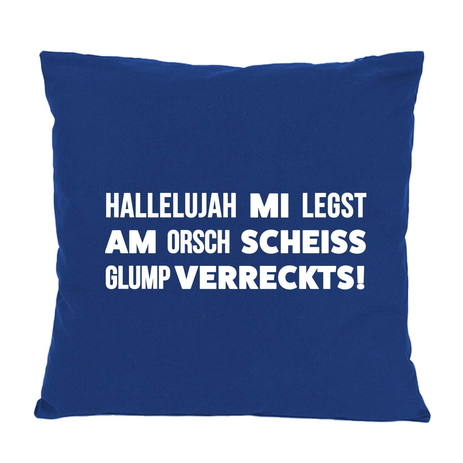 Quadratisches Kissen Hallelujah mi legst am in Dunkelblau mit weißem Spruch für bayerische Gemütlichkeit.