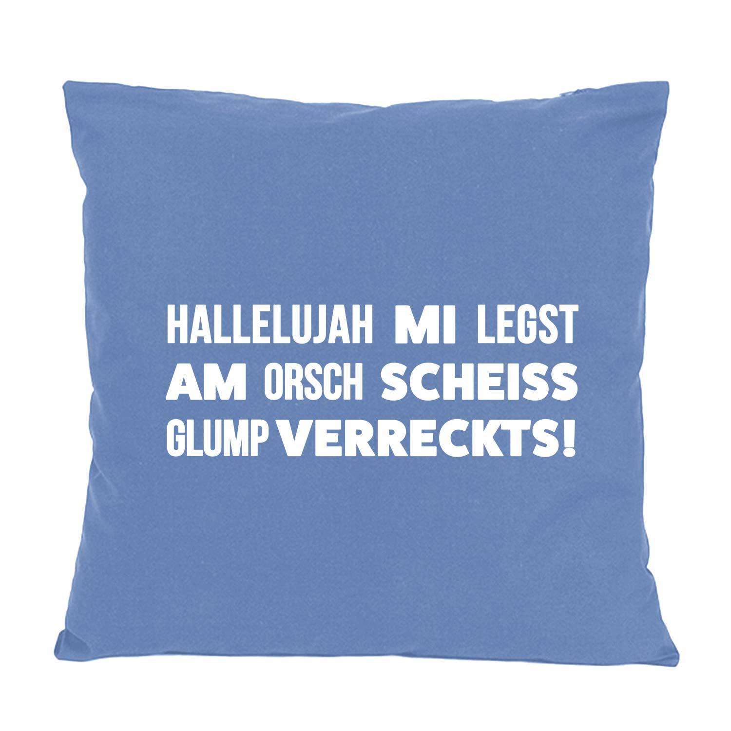 Quadratisches Kissen "Hallelujah mi legst am..." in hellblau mit weißem bayerischen Spruch als Aufdruck