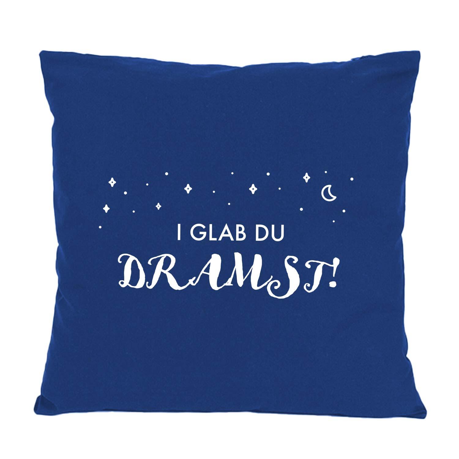 Dunkelblaues Kissen I glab du dramst mit weißem Schriftzug, Sternen und Mond-Grafik für gemütliche Träume.