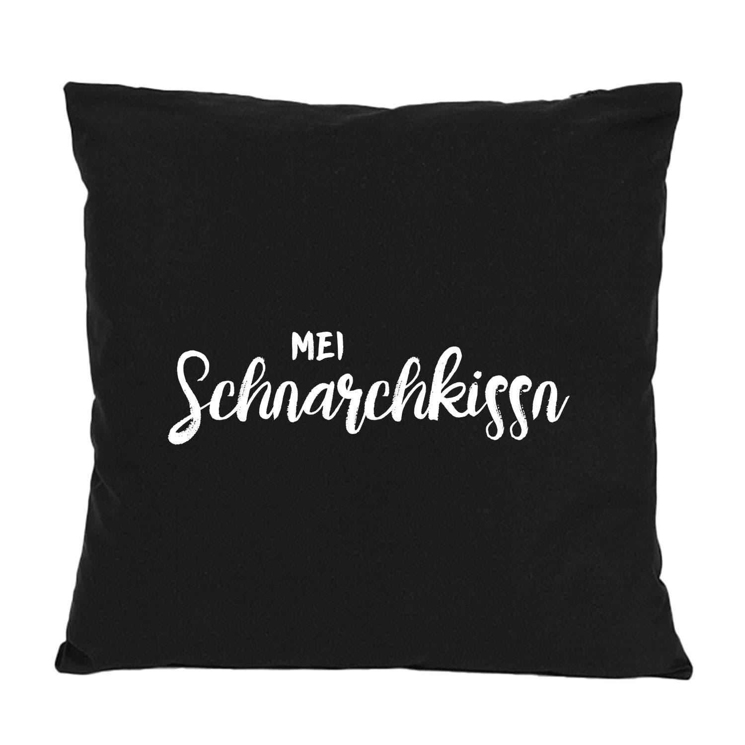 Schwarzes Kissen Mei Schnarchkissn mit weißem Schriftzug, rechteckig, für Dekoration und Schlafzimmer.