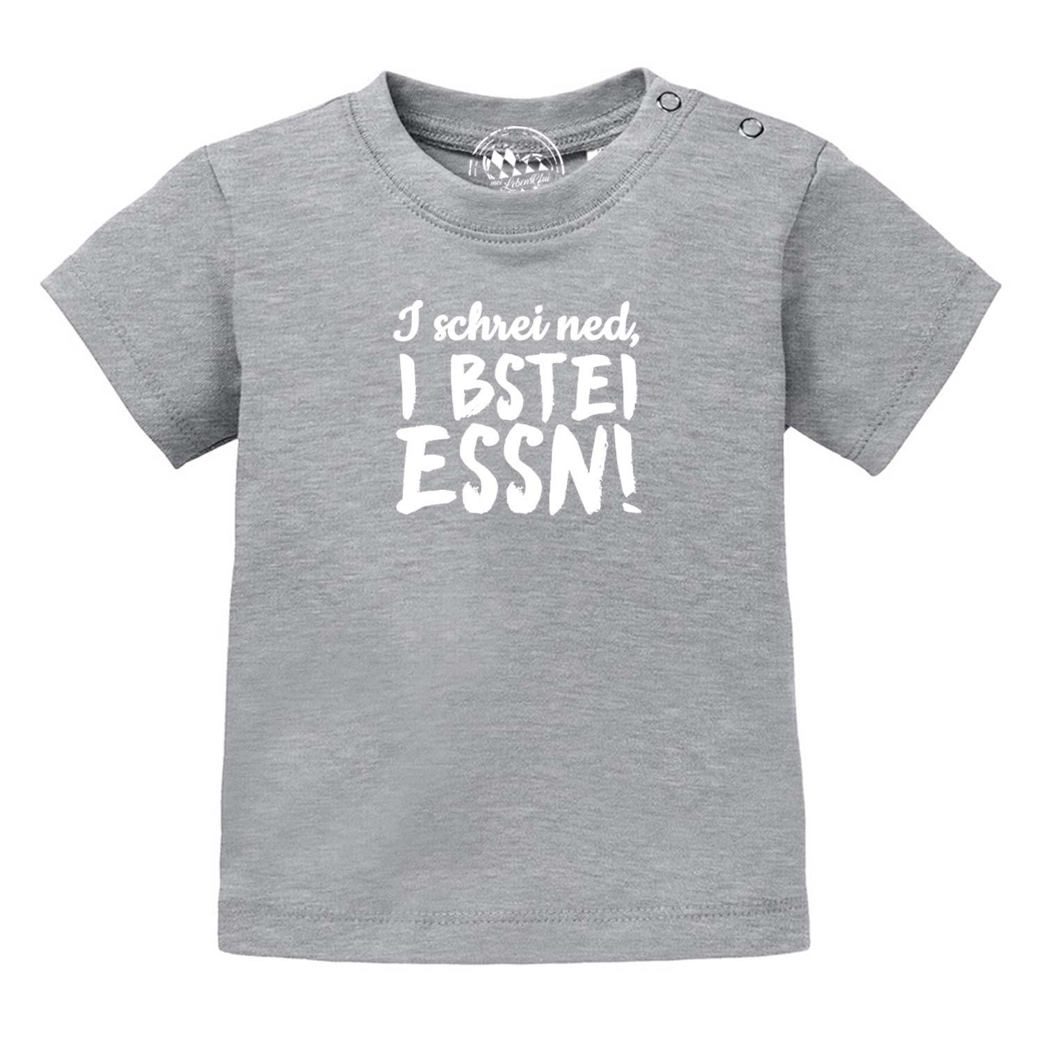 Graues Baby T-Shirt "I bstei Essn…" mit weißem Text und Druckknöpfen an der Schulter.