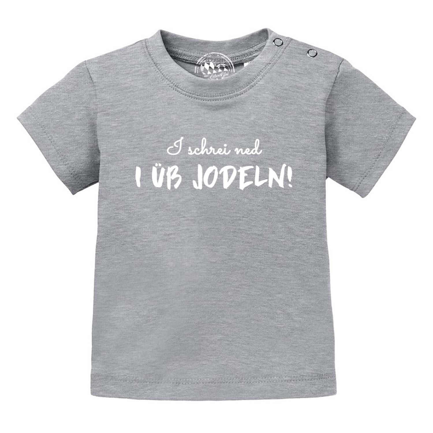 Graues Baby T-Shirt I üb jodeln mit weißem Spruch und Druckknöpfen an der Schulter.