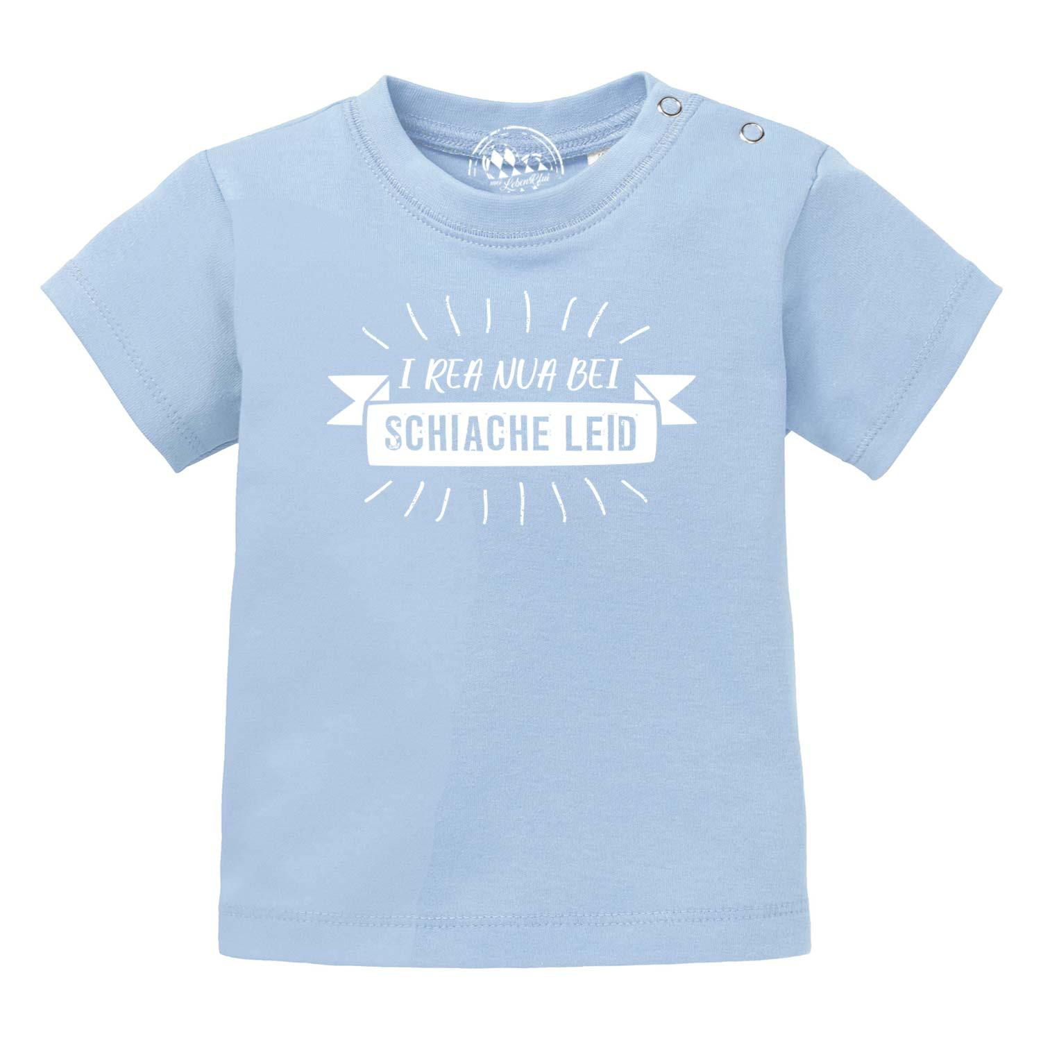 Hellblaues Baby T-Shirt I rea nua... mit weißem Schriftzug und Druckknöpfen an der Schulter