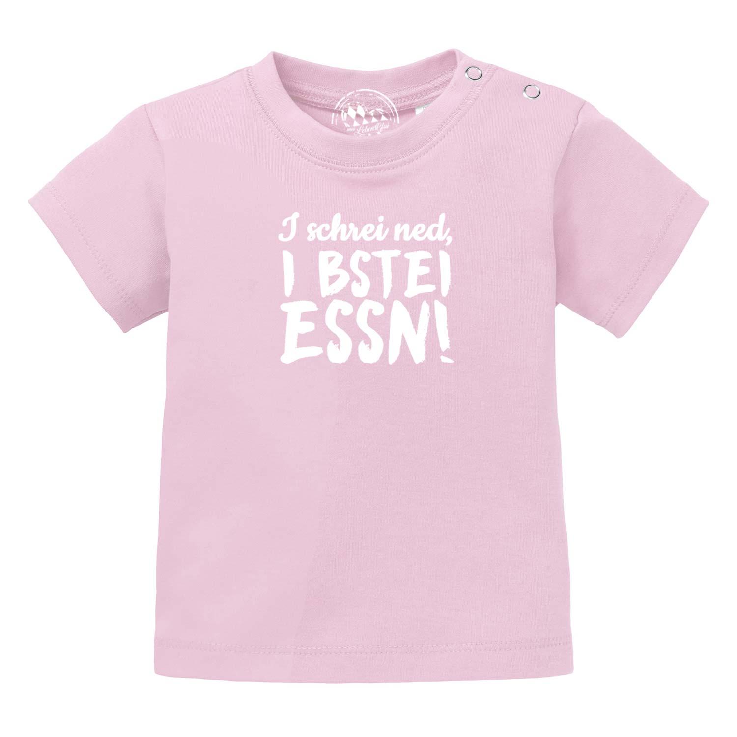 Rosa Baby T-Shirt "I bstei Essn…" mit weißem Spruch und praktischen Druckknöpfen an der Schulter.