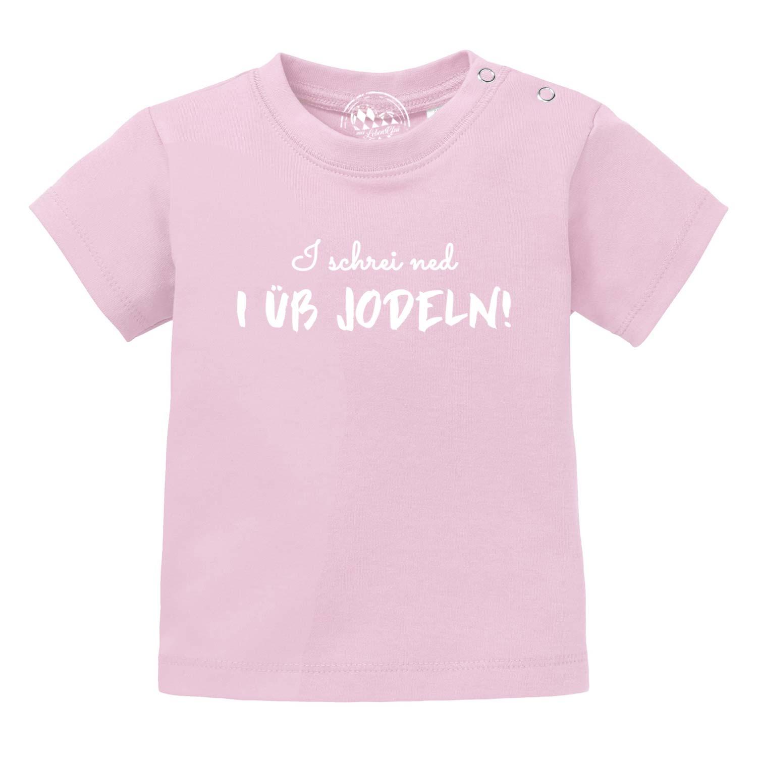 Rosafarbenes Baby T-Shirt I üb jodeln mit weißem Schriftzug und Druckknöpfen an der Schulter.