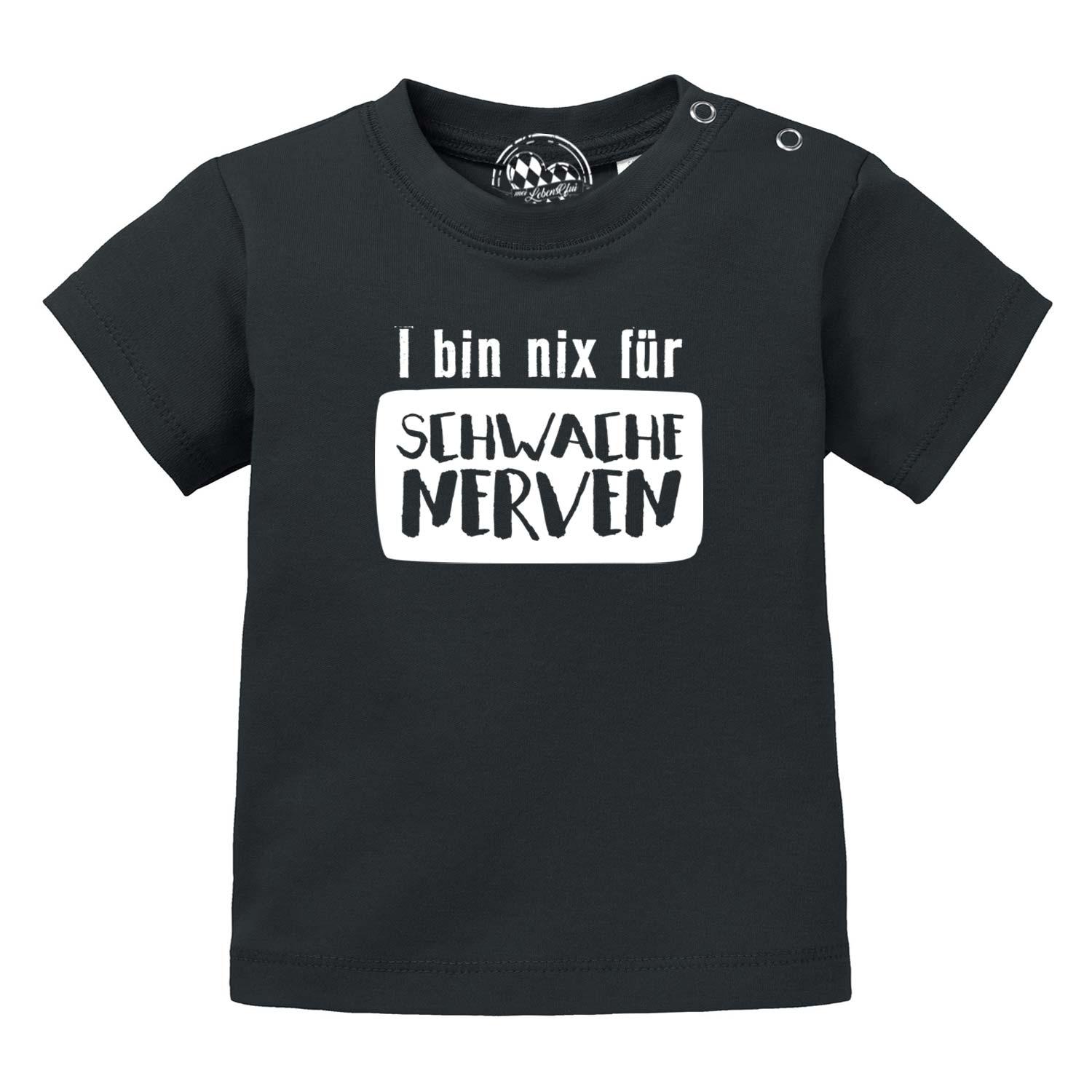 Schwarzes Baby T-Shirt "nix für schwache Nerven" mit weißem Spruch und praktischer Knopfleiste an der Schulter.