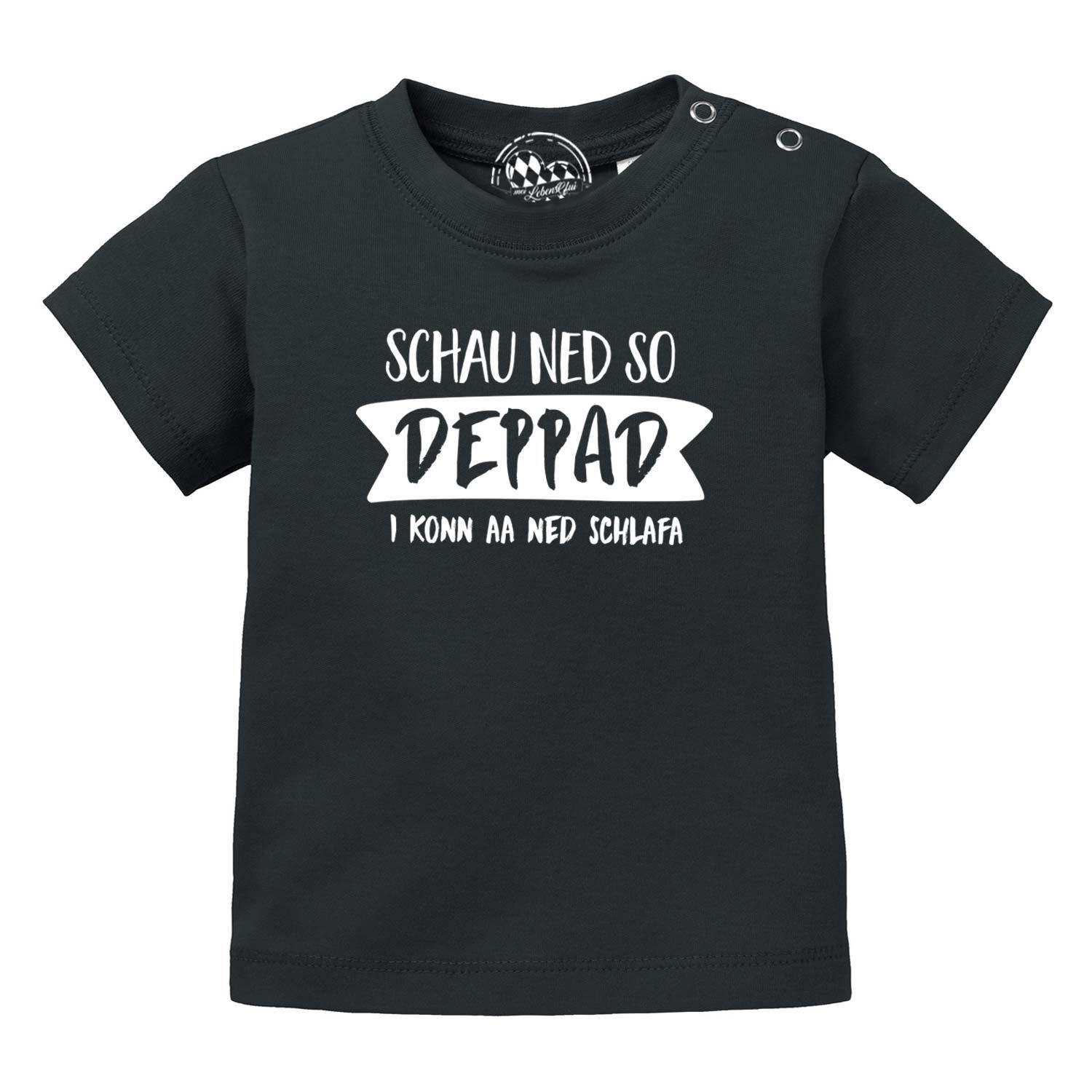 Schwarzes Baby T-Shirt "Schau ned so..." mit weißem lustigem Spruch und Druckknöpfen an der Schulter.