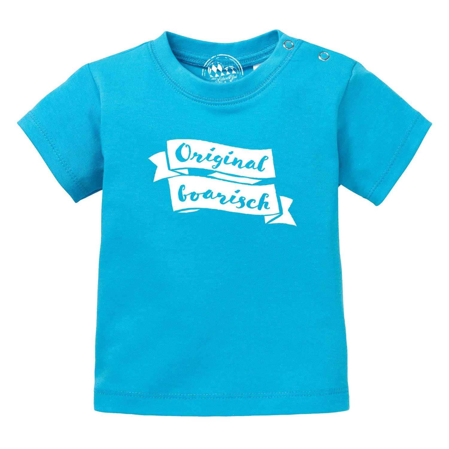 Türkisblaues Baby T-Shirt "Original boarisch" mit weißem Schriftzug und Druckknöpfen an der Schulter.