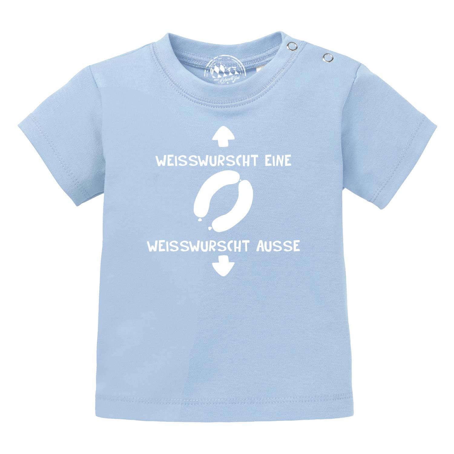 Helles blaues Baby T-Shirt "Weißwurscht" aus Baumwolle mit lustigem Aufdruck und Druckknöpfen an der Schulter.
