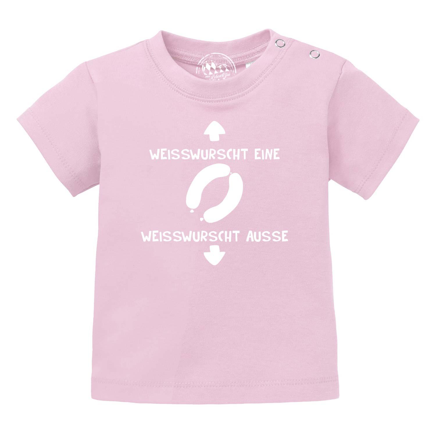 Rosa Baby T-Shirt "Weißwurscht" mit witzigem Spruch Weißwurst eine Weißwurst ausse und Druckknöpfen Babykleidung