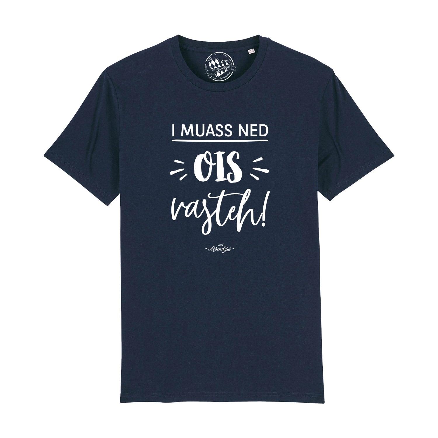 Herren T-Shirt "...ned ois vasteh!" in dunkelblau mit weißem Spruch und Markenemblem.