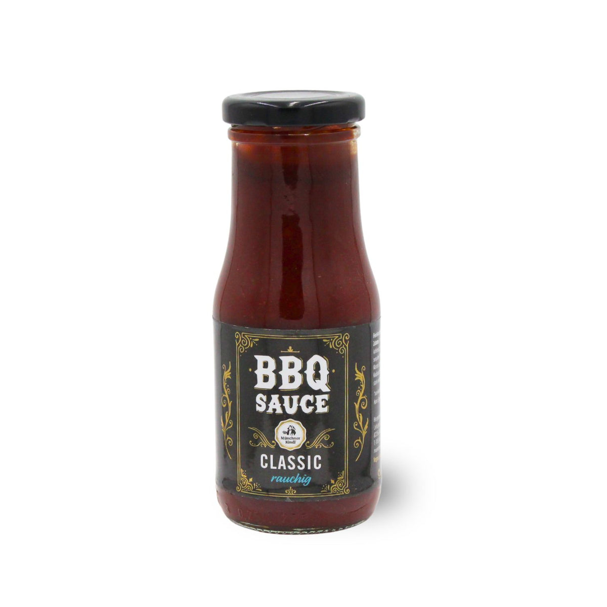 Braune Glasflasche mit rotem Etikett, weißer Schrift „BIO Grillsauce“, goldener Schraubverschluss.