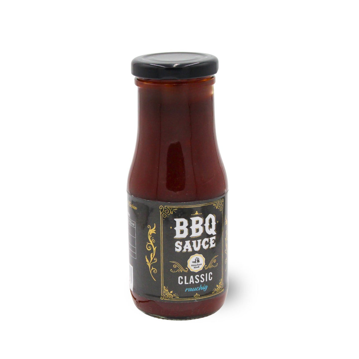 Braune Glasflasche mit schwarzem Schraubverschluss, Etikett mit Aufschrift „BIO Grillsauce“ und bayerischem Motiv.
