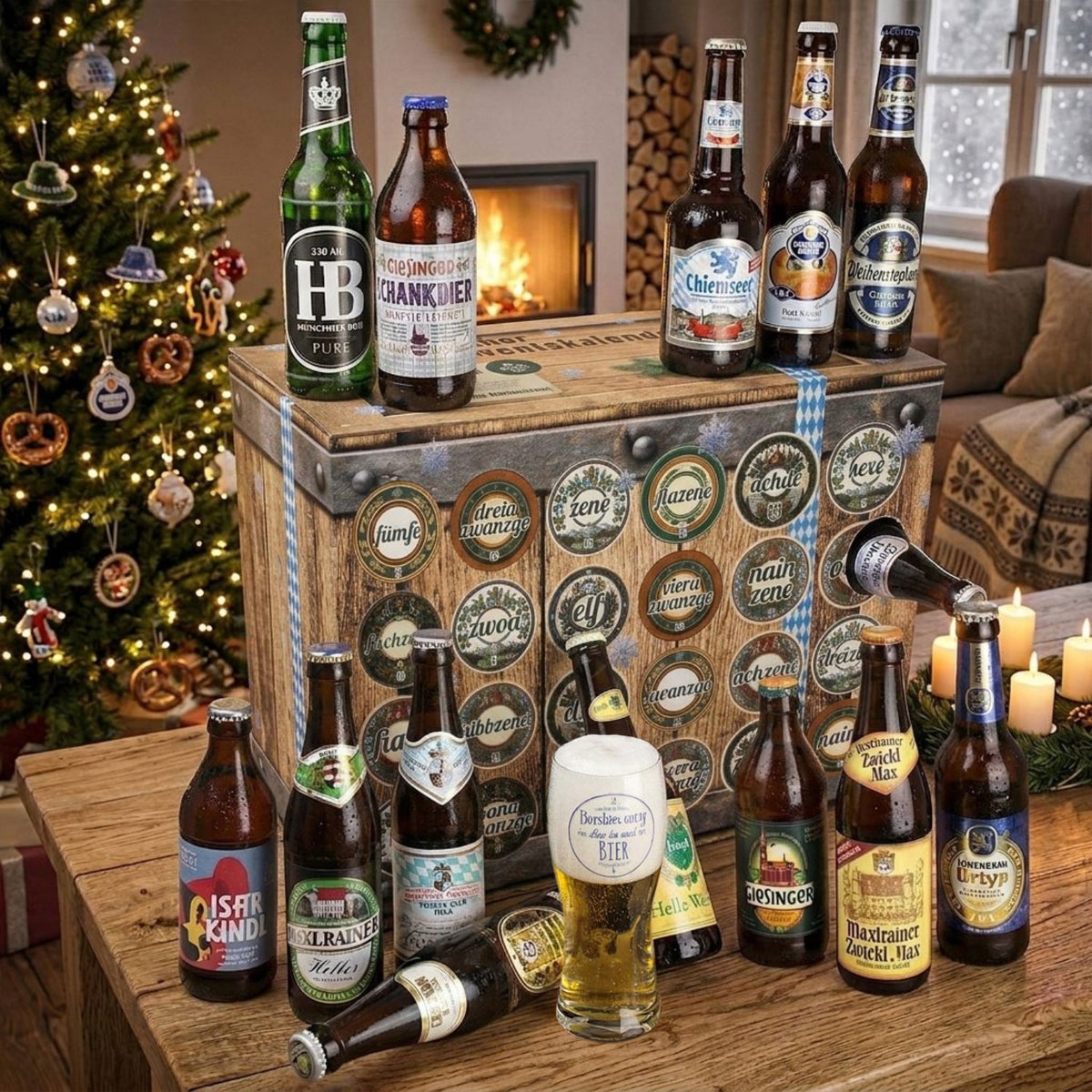 Bier Adventskalender Holzkiste mit 23 bayerischen Biersorten und Verkostungsglas, festliche Weihnachtsdekoration.