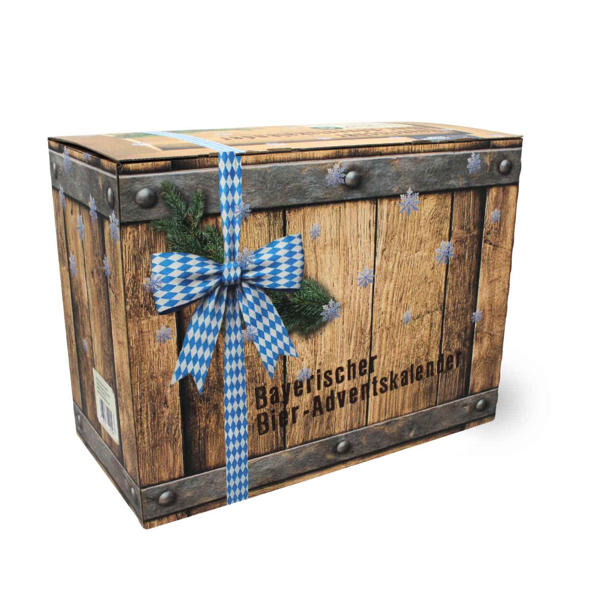 Bayerischer Bier Adventskalender in rustikaler Holzkisten-Optik, verziert mit blau-weißem Band und Tannenzweigen.