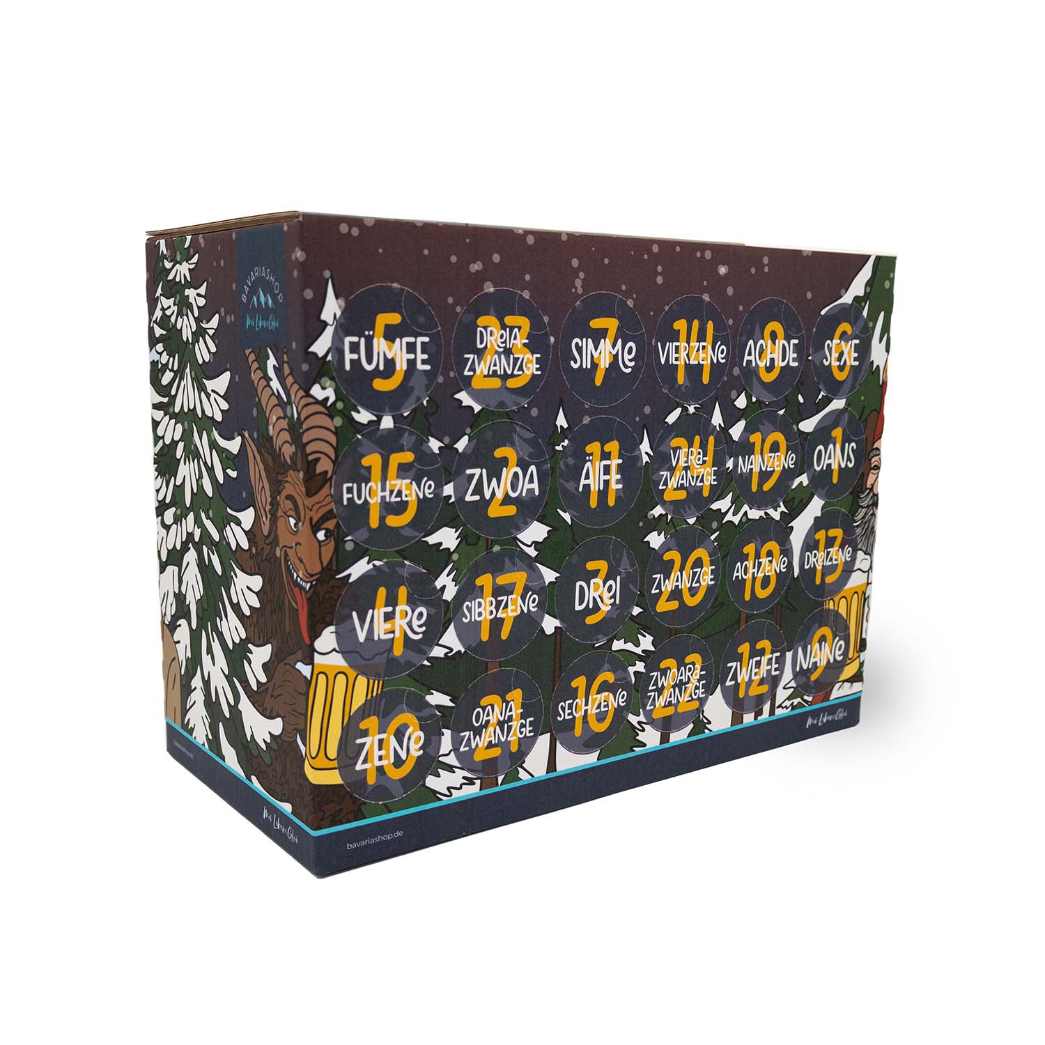 Bayerischer Bier Adventskalender Märchenwald mit weihnachtlichem Krampus-Motiv und 24 Türchen.