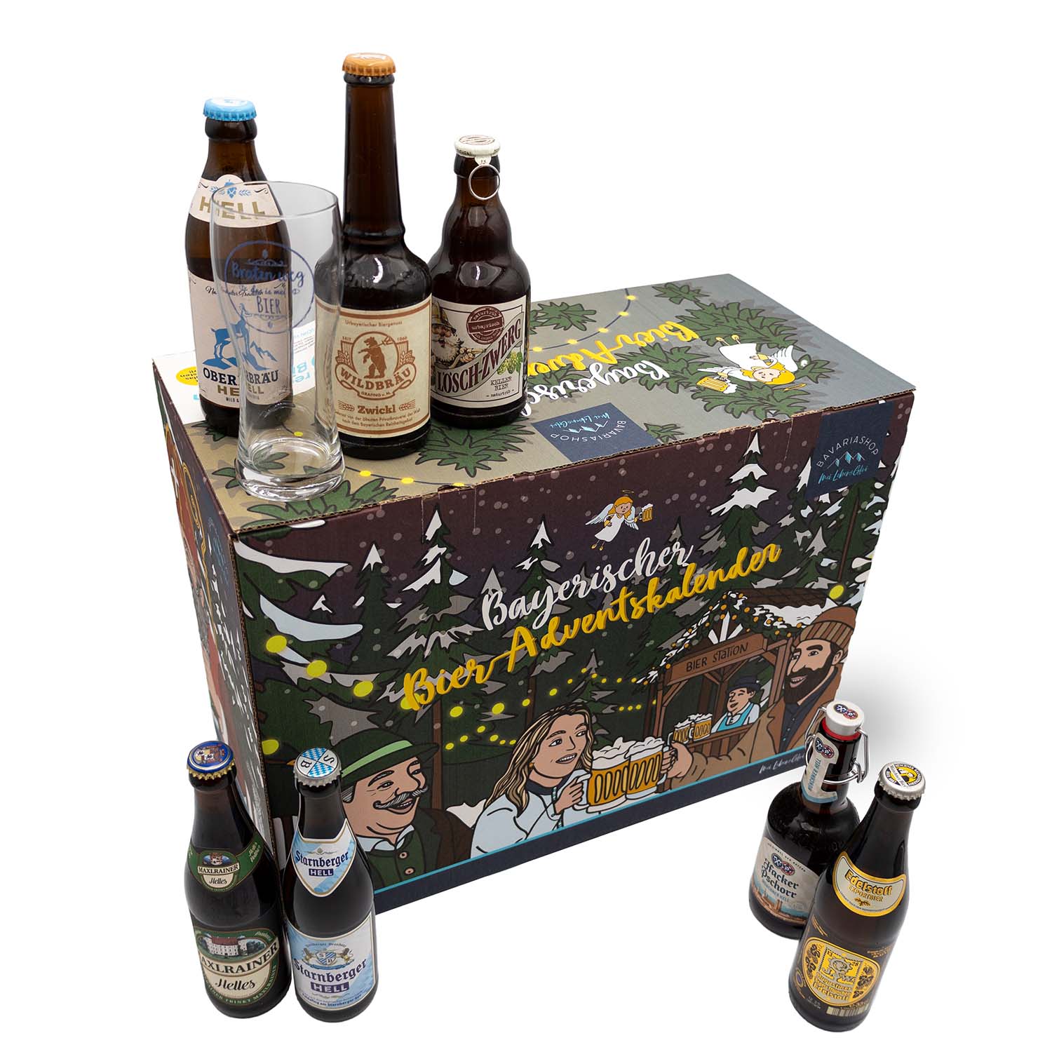Bayerischer Bier Adventskalender Märchenwald mit verschiedenen Bierflaschen und einem Glas, festlich dekoriert.