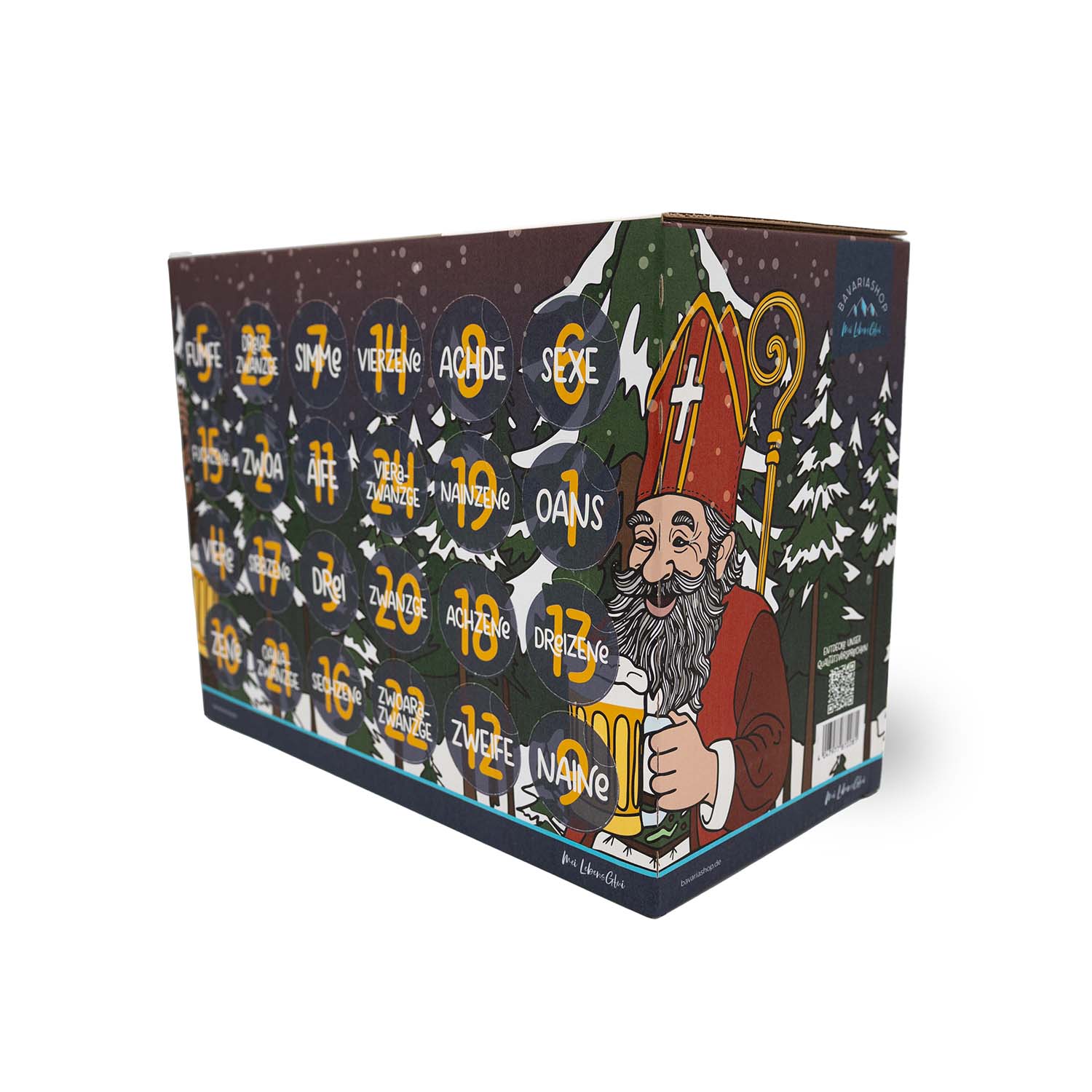 Bayerischer Bier Adventskalender "Märchenwald", Box mit St. Nikolaus Motiv und Tannenhintergrund.