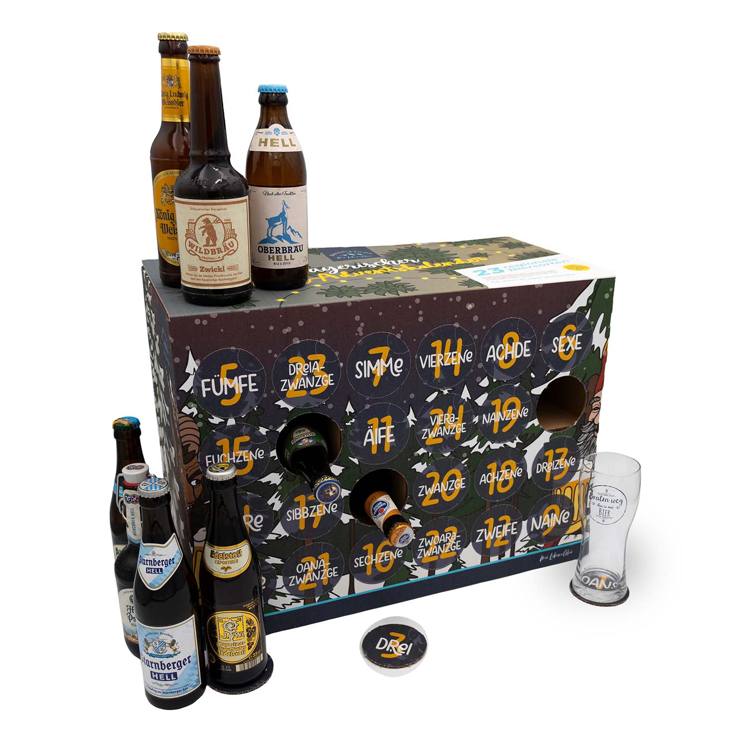 Bayerischer Bier Adventskalender Märchenwald mit verschiedenen Bierflaschen und Glas.
