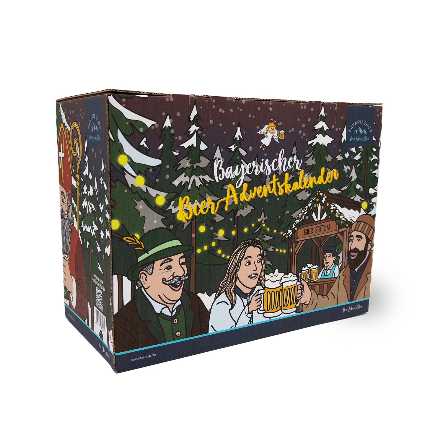 Bayerischer Bier Adventskalender Märchenwald mit fröhlichen bayerischen Figuren, Waldmotiv und Biertrinkern.