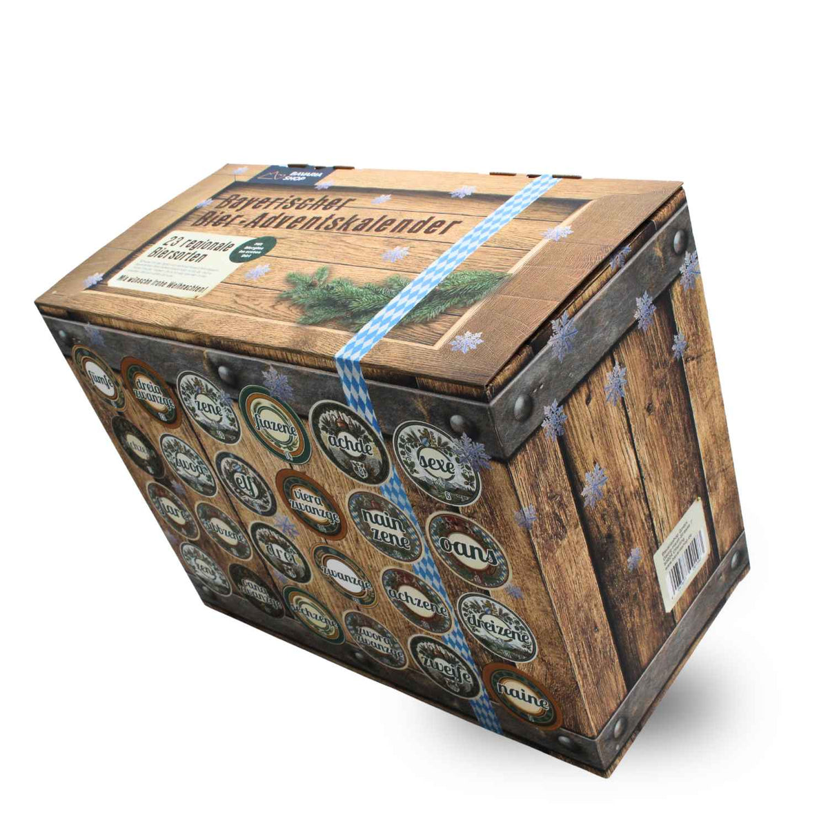 Bier Adventskalender Adventskistl aus Bayern – Holzkistl-Design mit blau-weißer Raute, 23 Biere und Verkostungsglas.