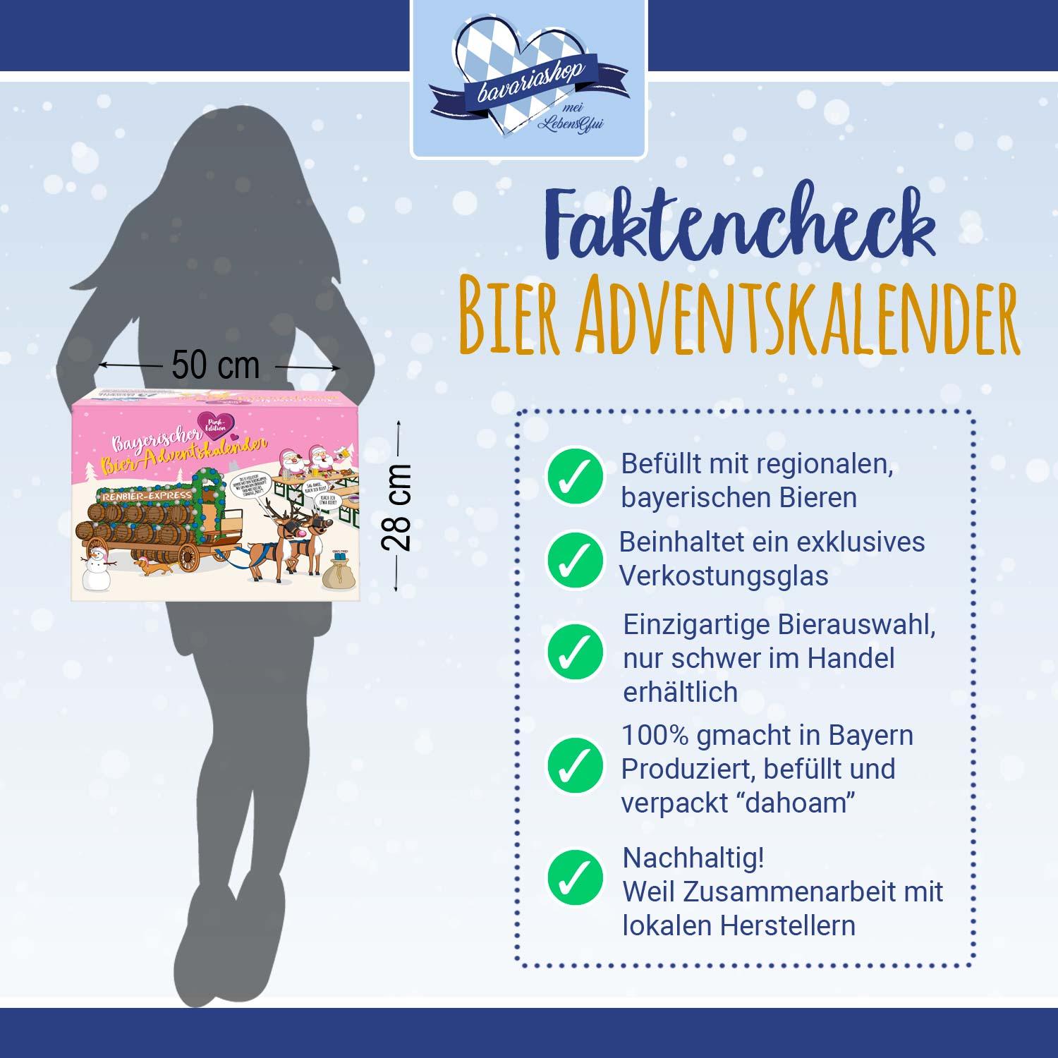 Bier Adventskalender mit 23 regionalen bayerischen Biersorten und Verkostungsglas in auffälliger Pink-Box.