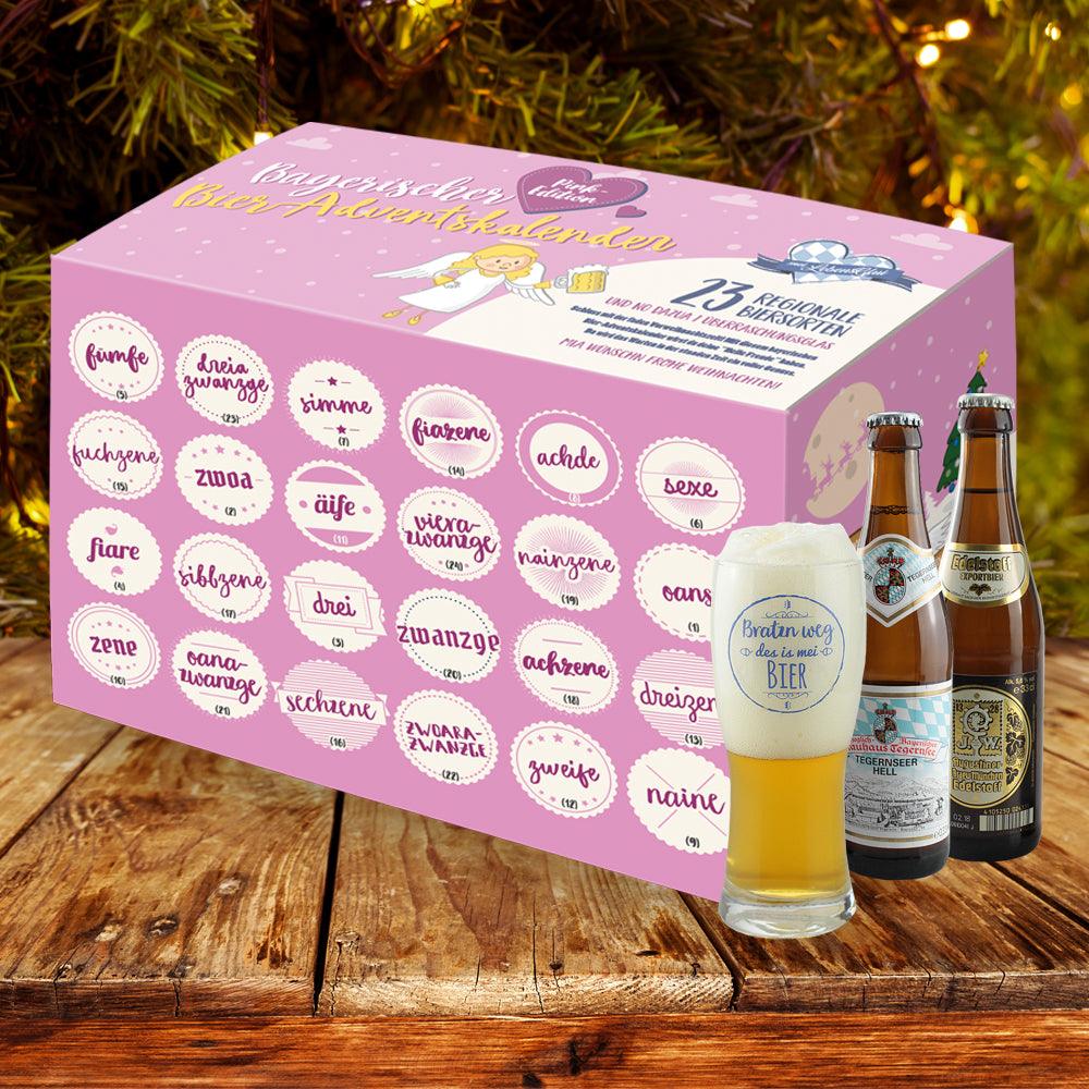 Bier Adventskalender mit 23 bayerischen Biersorten und Verkostungsglas in dekorativer Box mit pinken Akzenten.