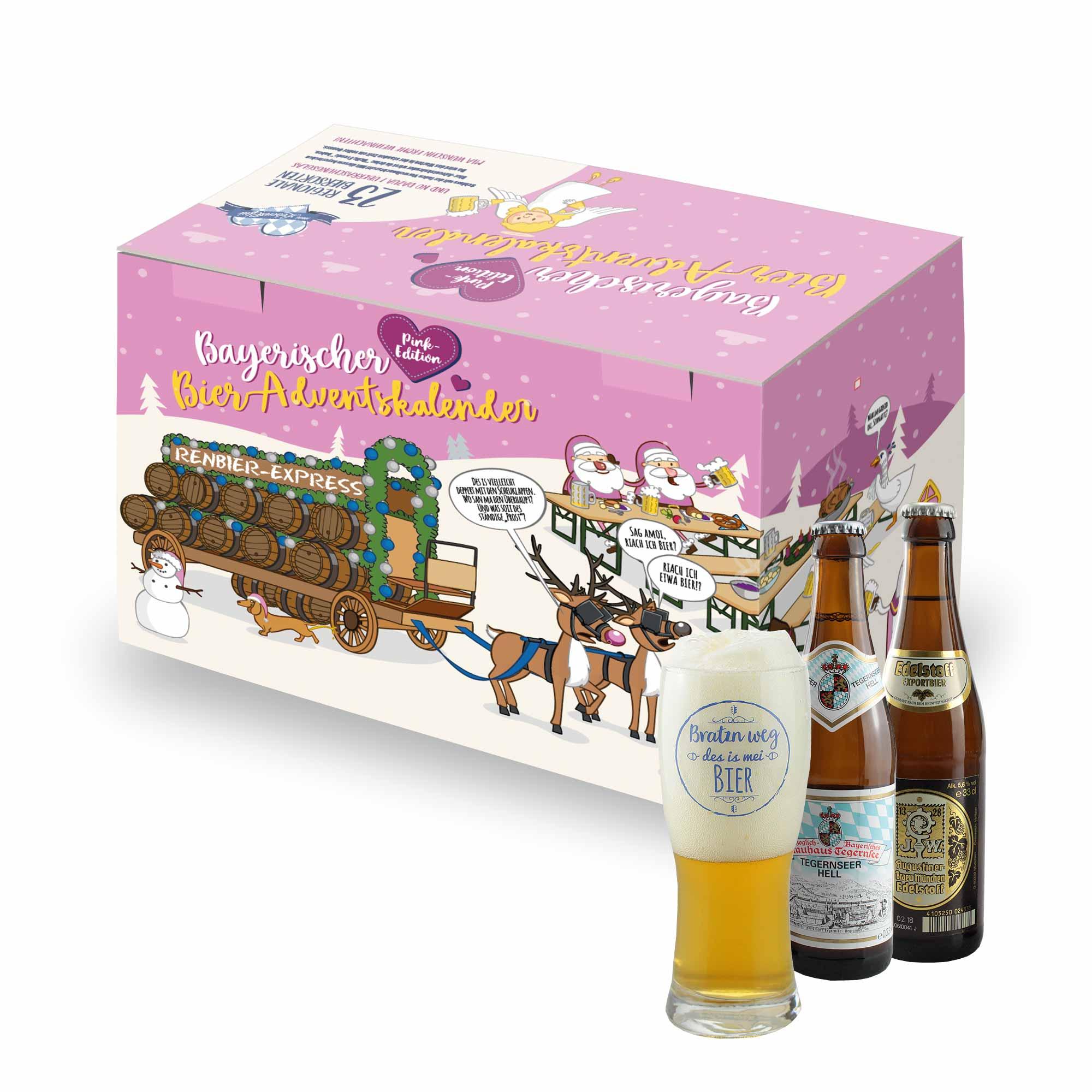 Bier-Adventskalender mit 23 bayerischen Biersorten kleiner Brauereien und Verkostungsglas, Gesamtinhalt 7,59 l.