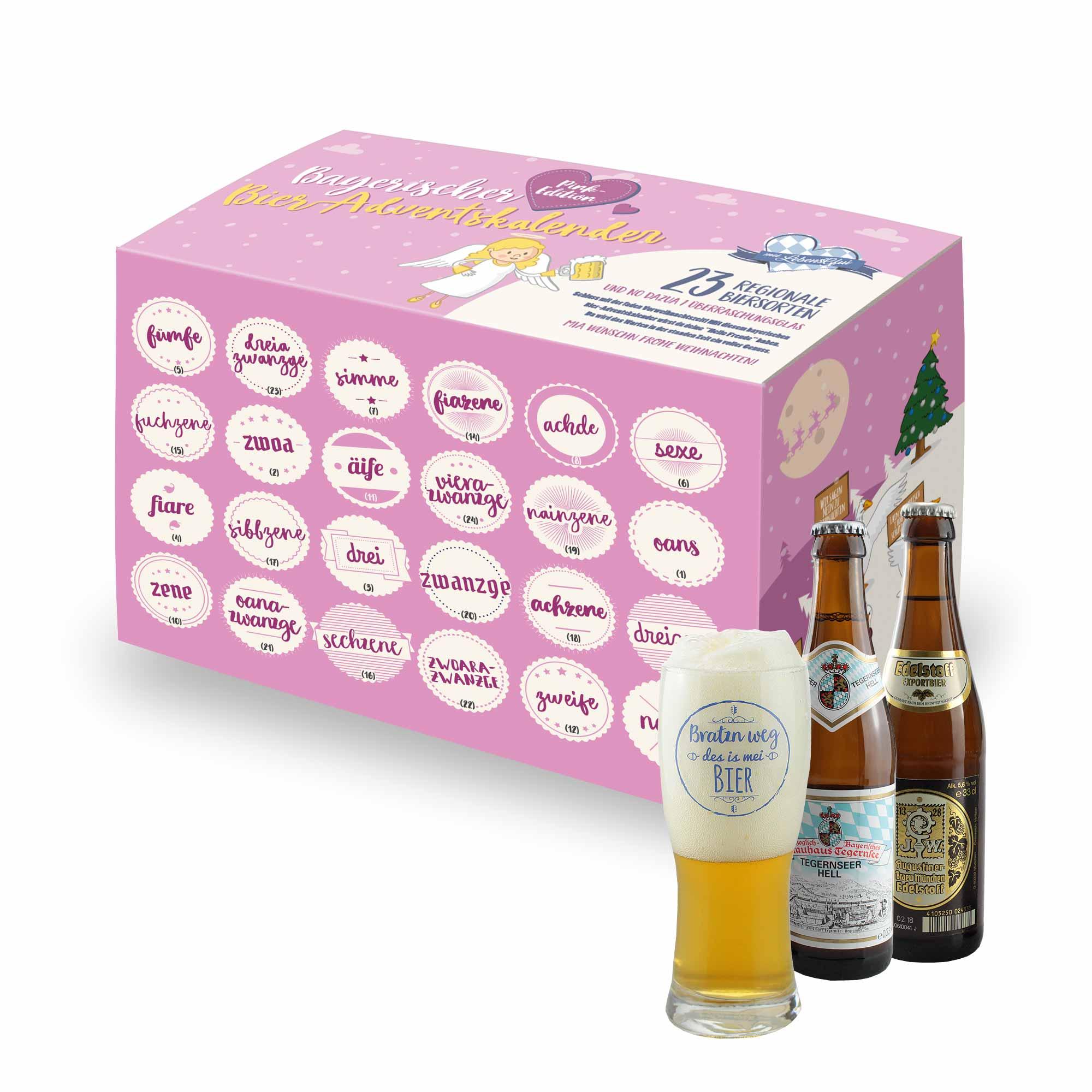 Bier-Adventskalender mit 23 bayerischen Biersorten und Verkostungsglas in pinkfarbiger Geschenkbox.
