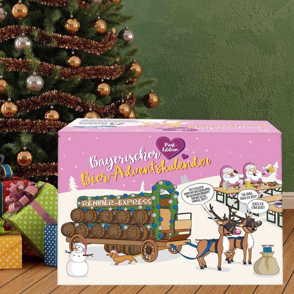 Bier Adventskalender mit 23 bayerischen Biersorten und Verkostungsglas, bunt illustrierte Würfelform.