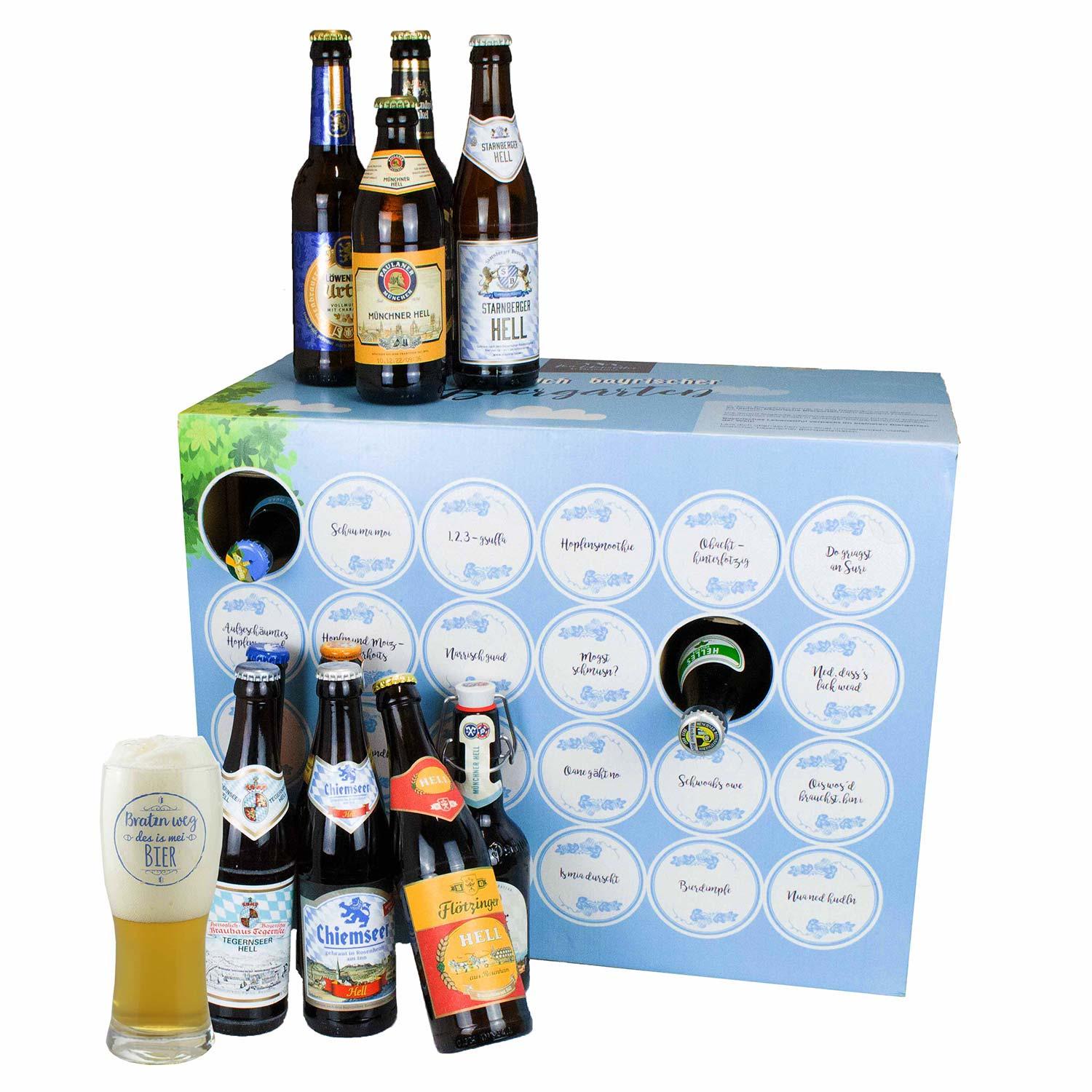 Geschenkbox mit 23 verschiedenen bayerischen Bieren in 0,33 l-Flaschen und Bierglas mit Aufdruck „Bratzn weg“