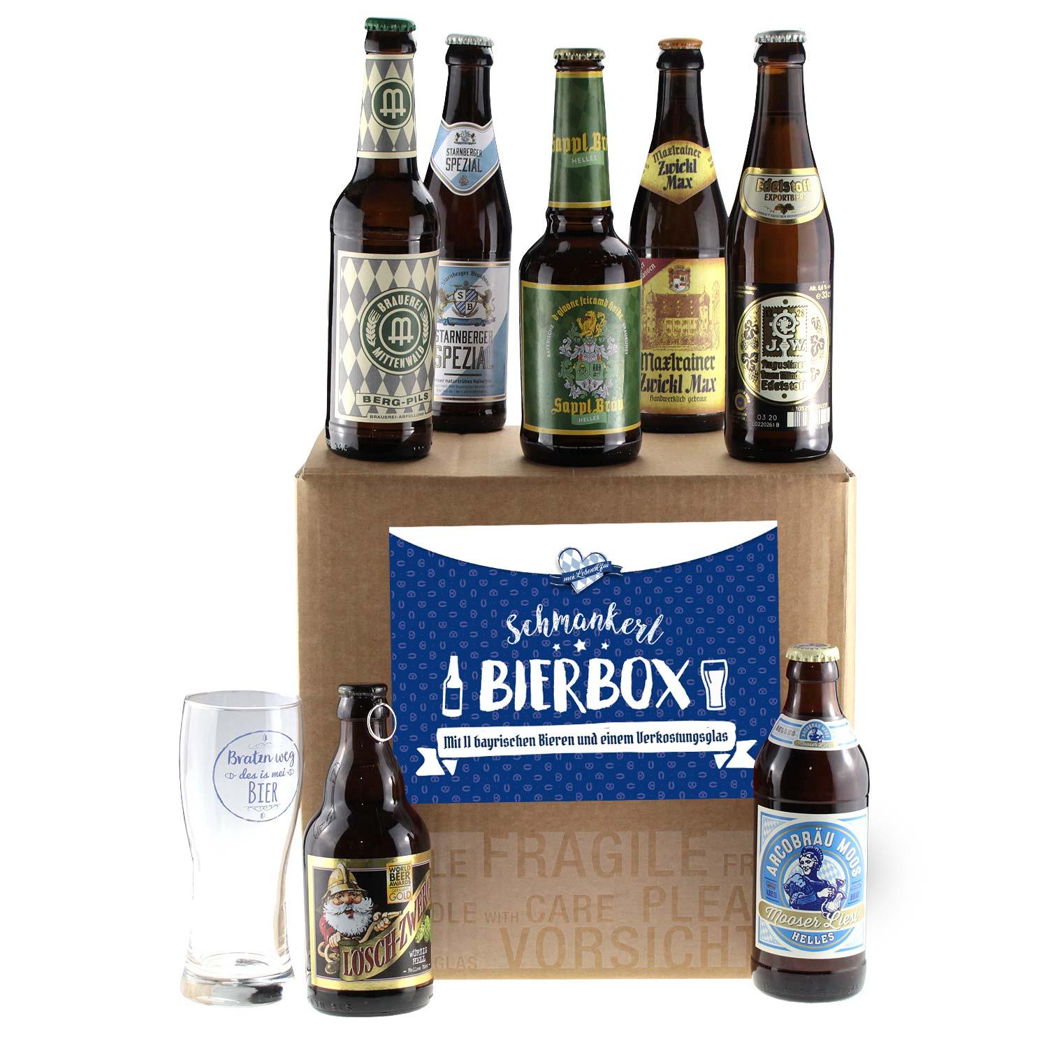 Bier-Box mit 11 bayerischen Bierspezialitäten und Verkostungsglas mit schwarzem „Bratzn weg“-Schriftzug.
