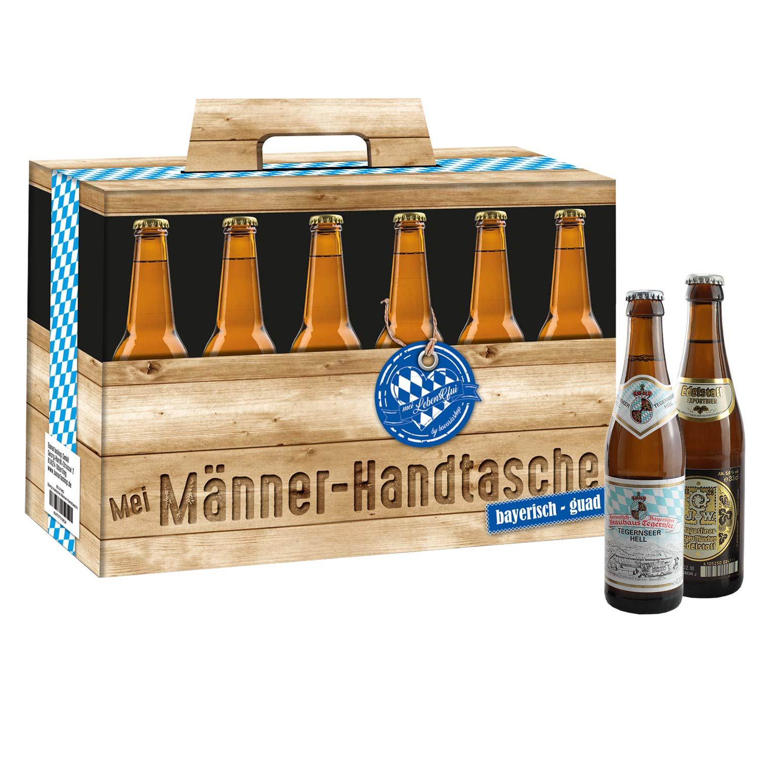 Bier-Geschenk Männer-Handtasche: Holzkiste mit sechs Bierflaschen, bayerisches Motiv, dazu zwei Flaschen freistehend.