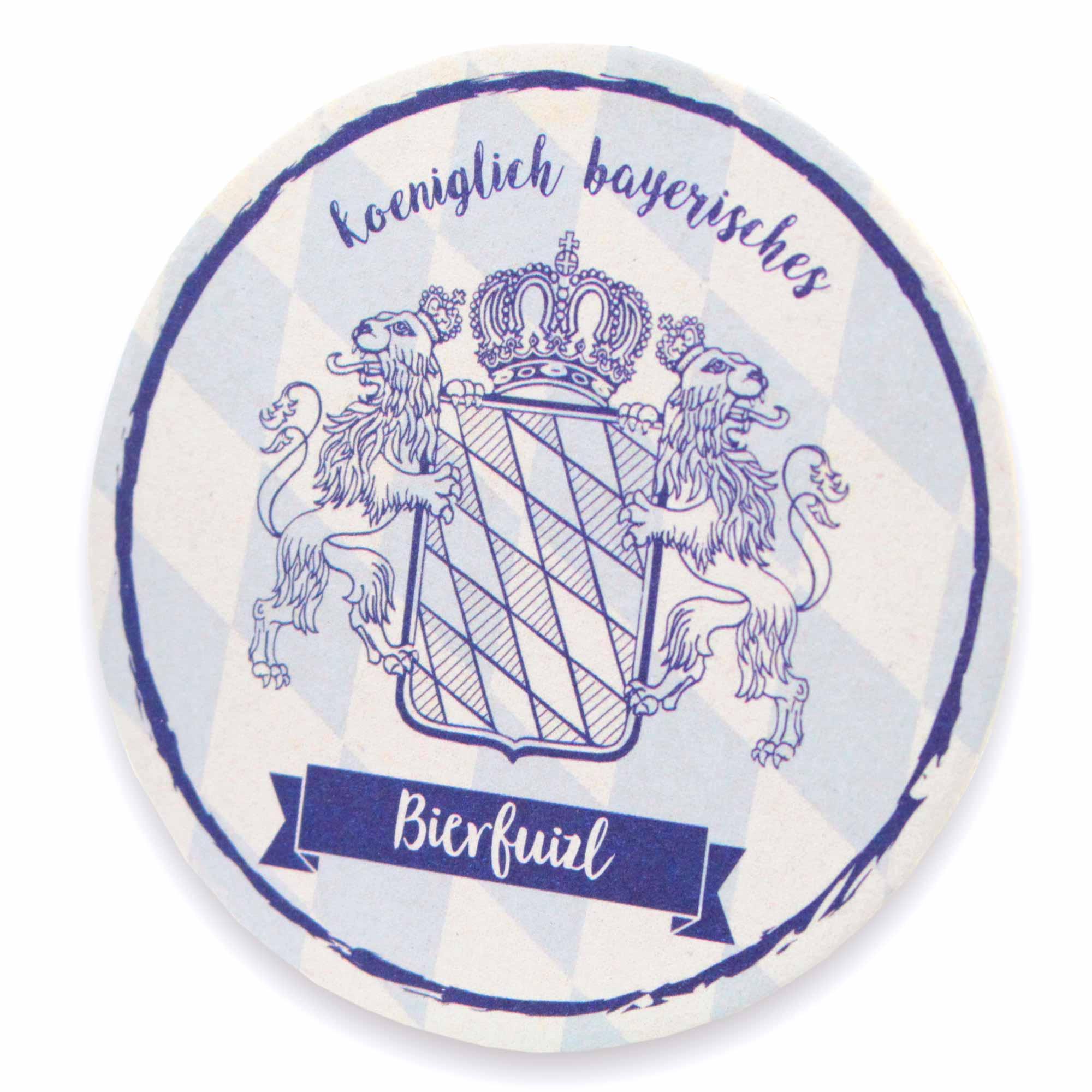 Runder Bierdeckel aus Karton mit blau-weißem Rautenmuster und Aufdruck „Wasser in d’Brauerei“, 20 Stück.