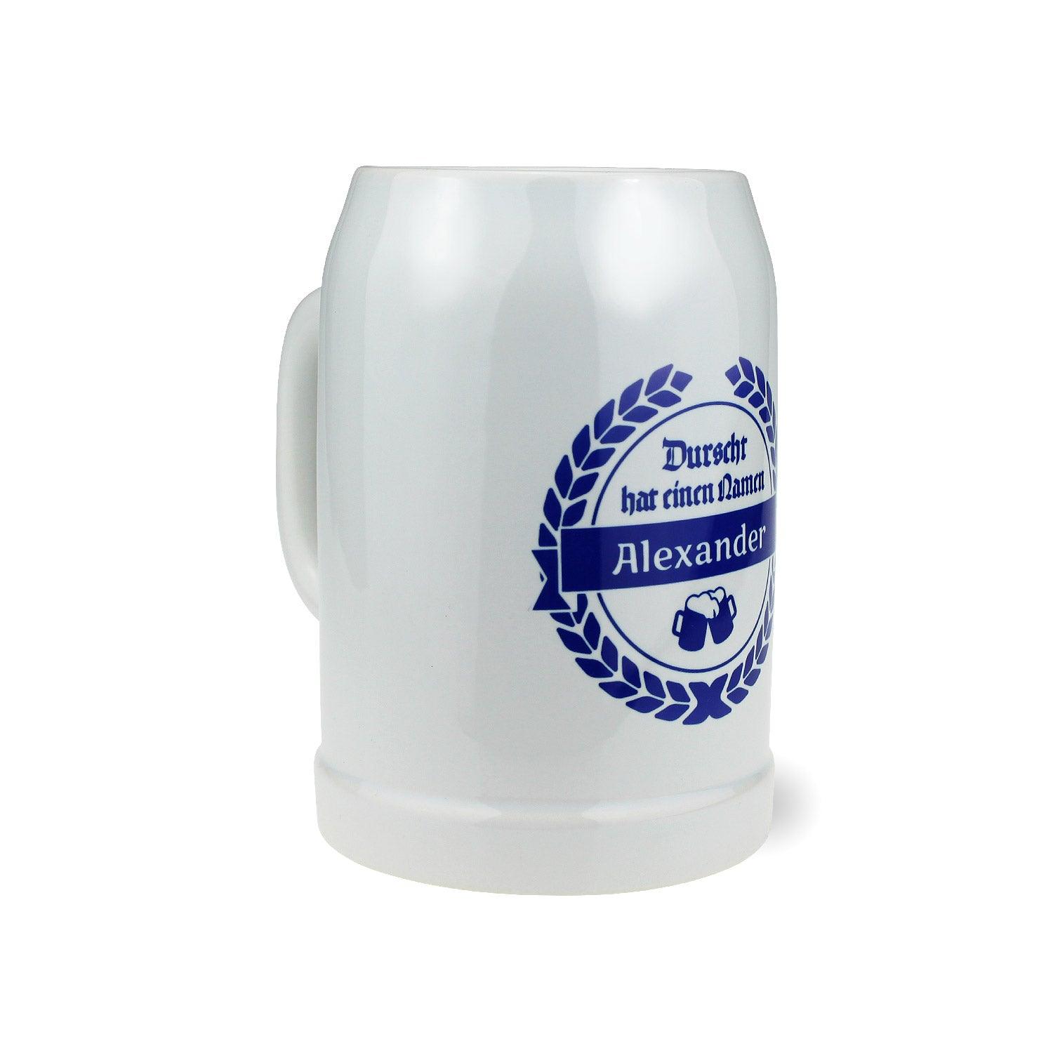 Transparenter Bierkrug mit Henkel und mattweißer Gravur „Durscht“ sowie individualisierbarem Namen, 0,5 l Glas.